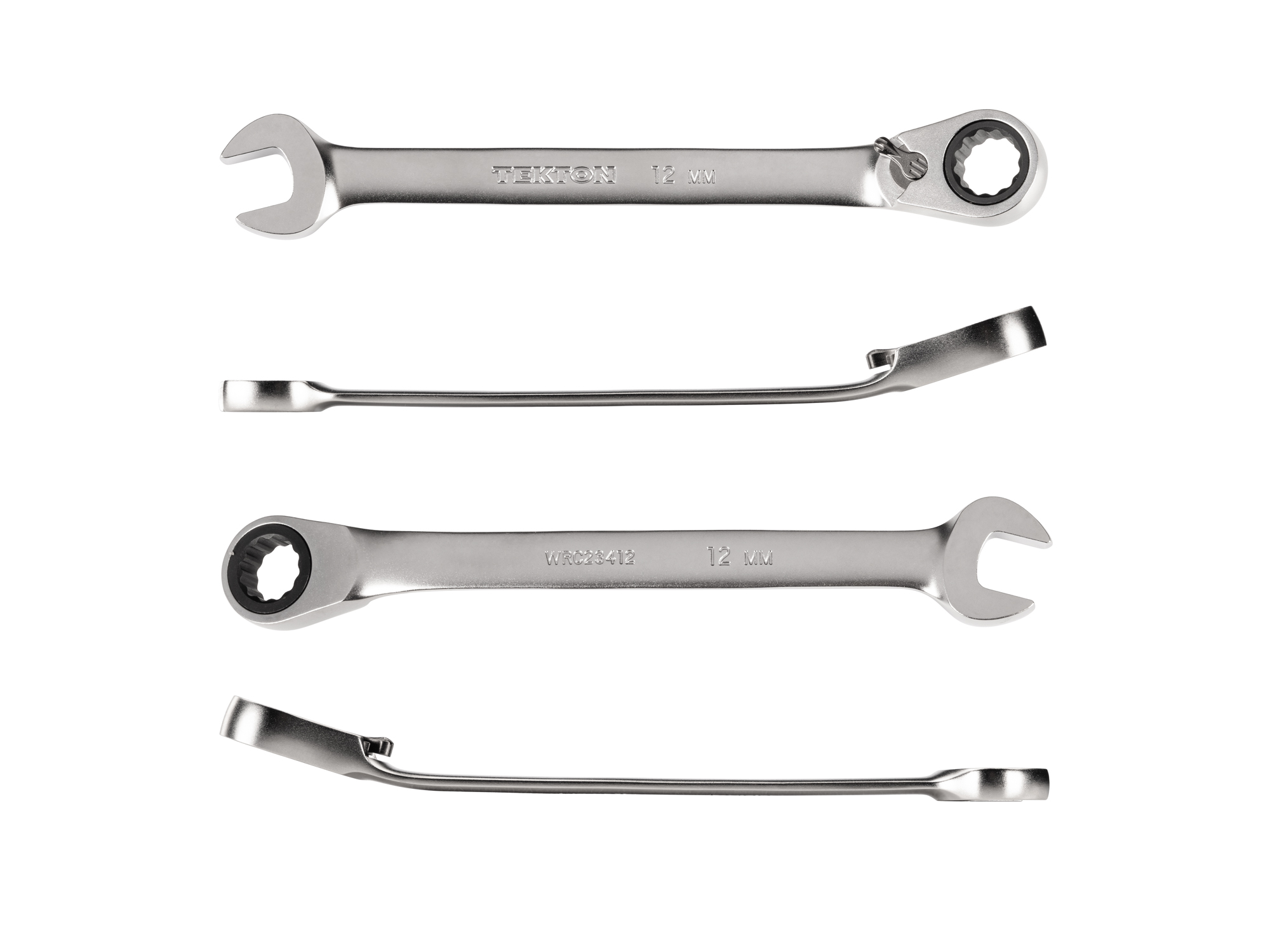 12 mm (metric) reversible 12-point ratcheting combination wrench includes 72-tooth gear and 15-degree angled open end to reduce swing in tight spaces. WRC23412.