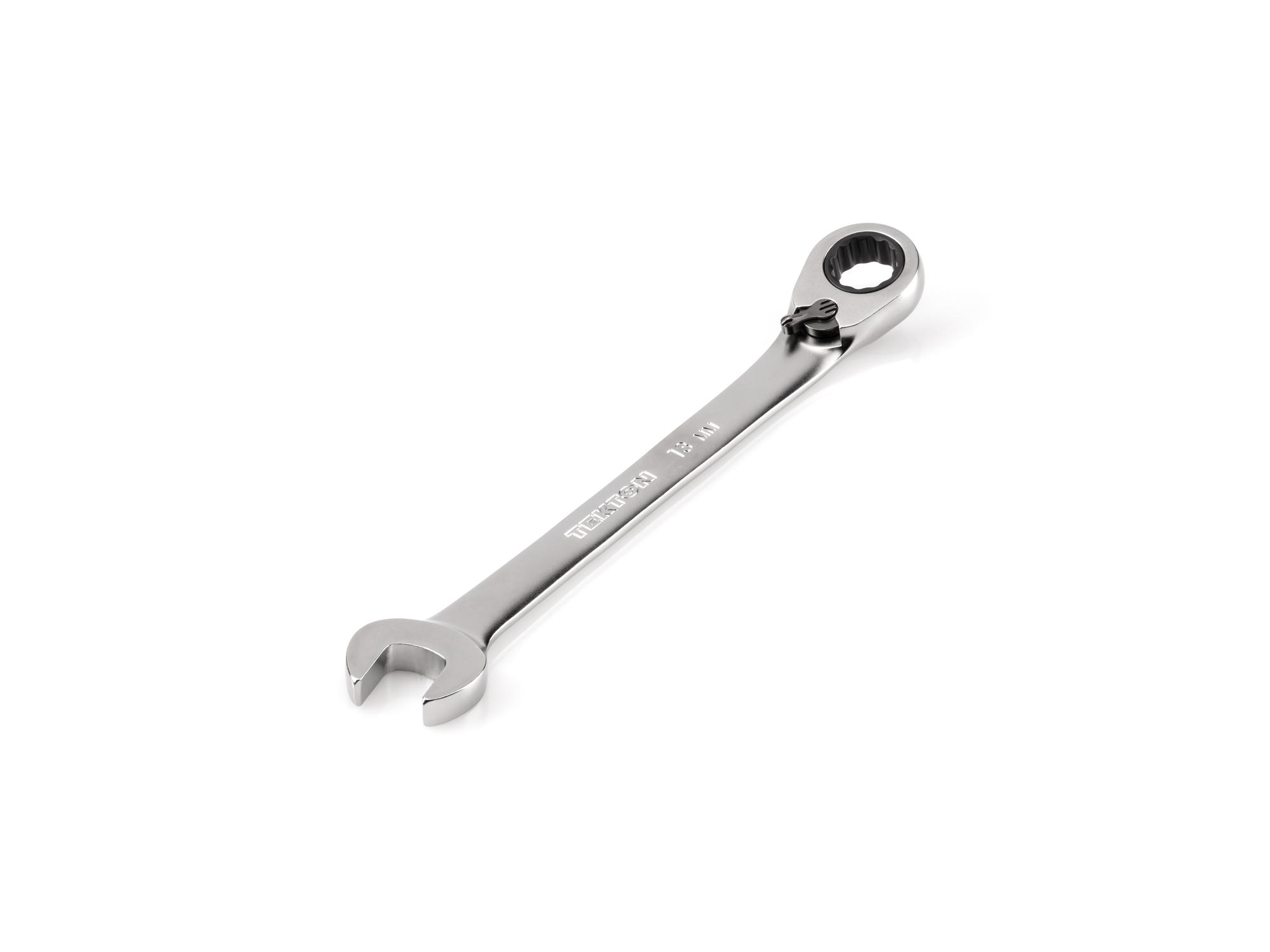 Front-right angle view of Tekton ratcheting combination wrench. Item #WRC23413