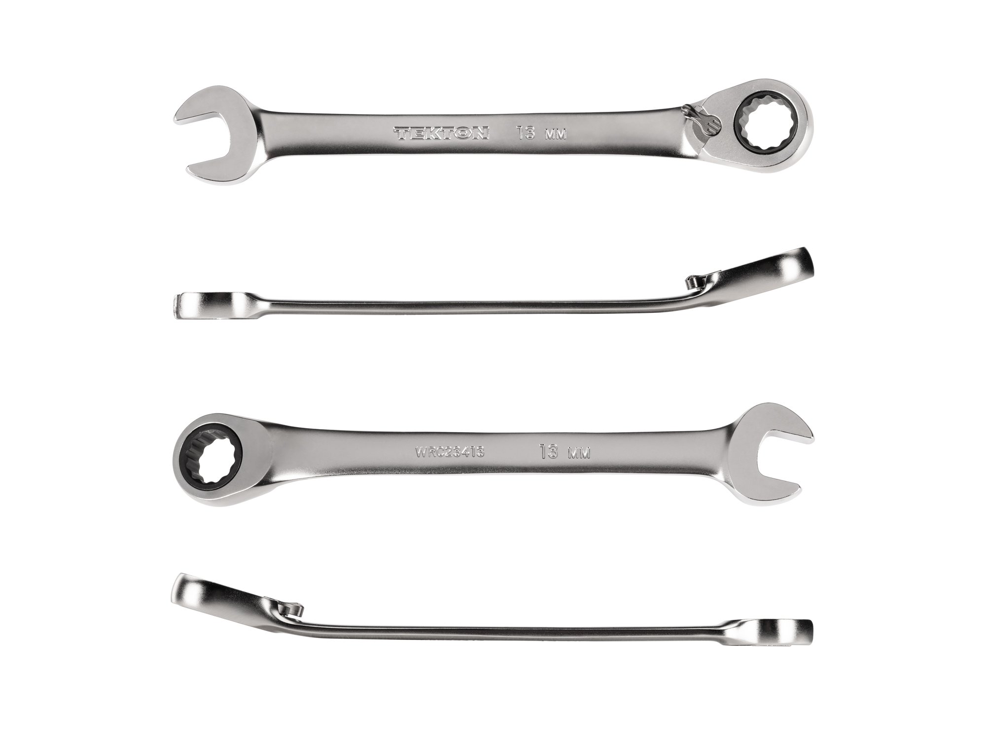 13 mm (metric) reversible 12-point ratcheting combination wrench includes 72-tooth gear and 15-degree angled open end to reduce swing in tight spaces. WRC23413.