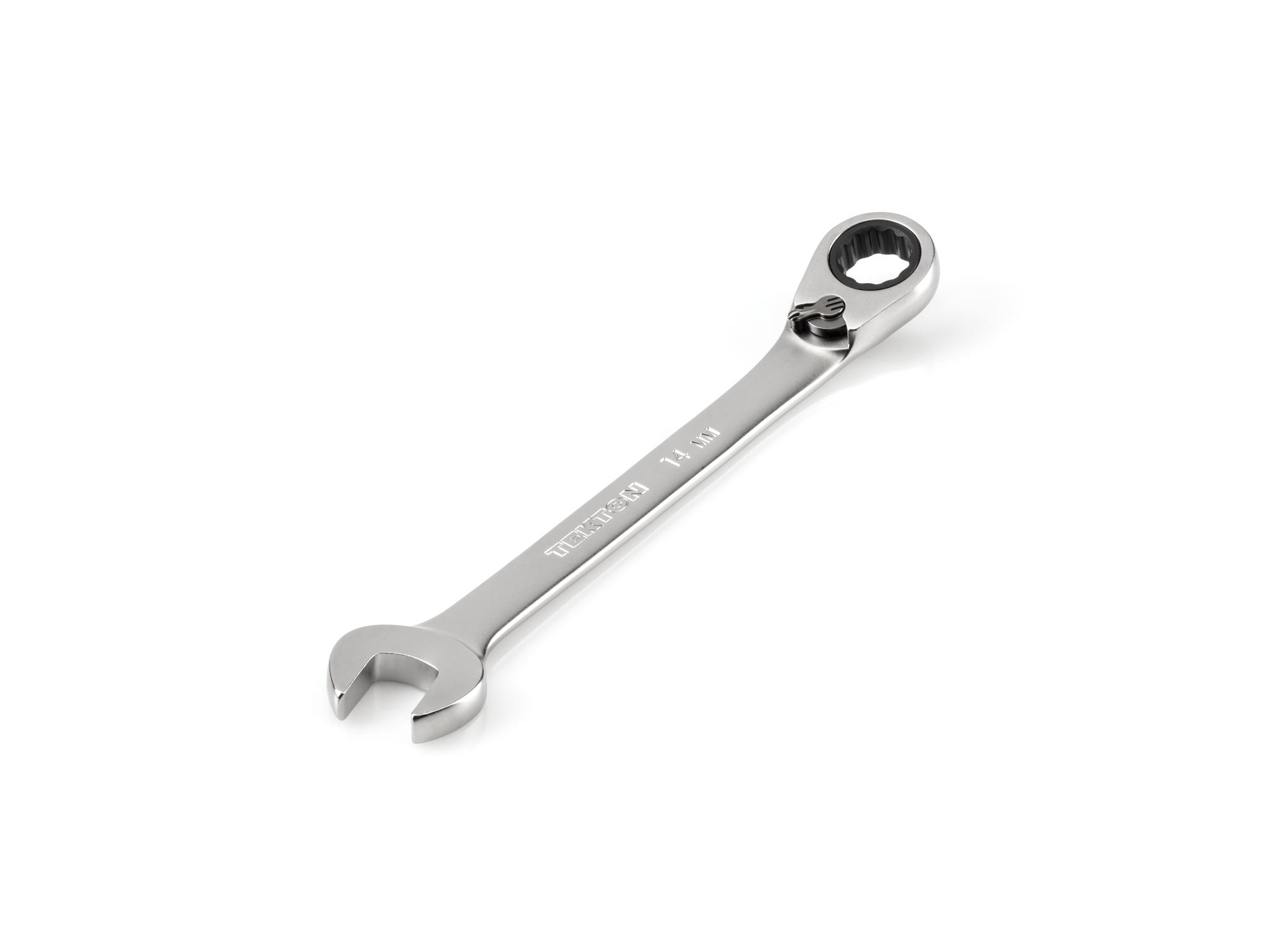 Front-right angle view of Tekton ratcheting combination wrench. Item #WRC23414