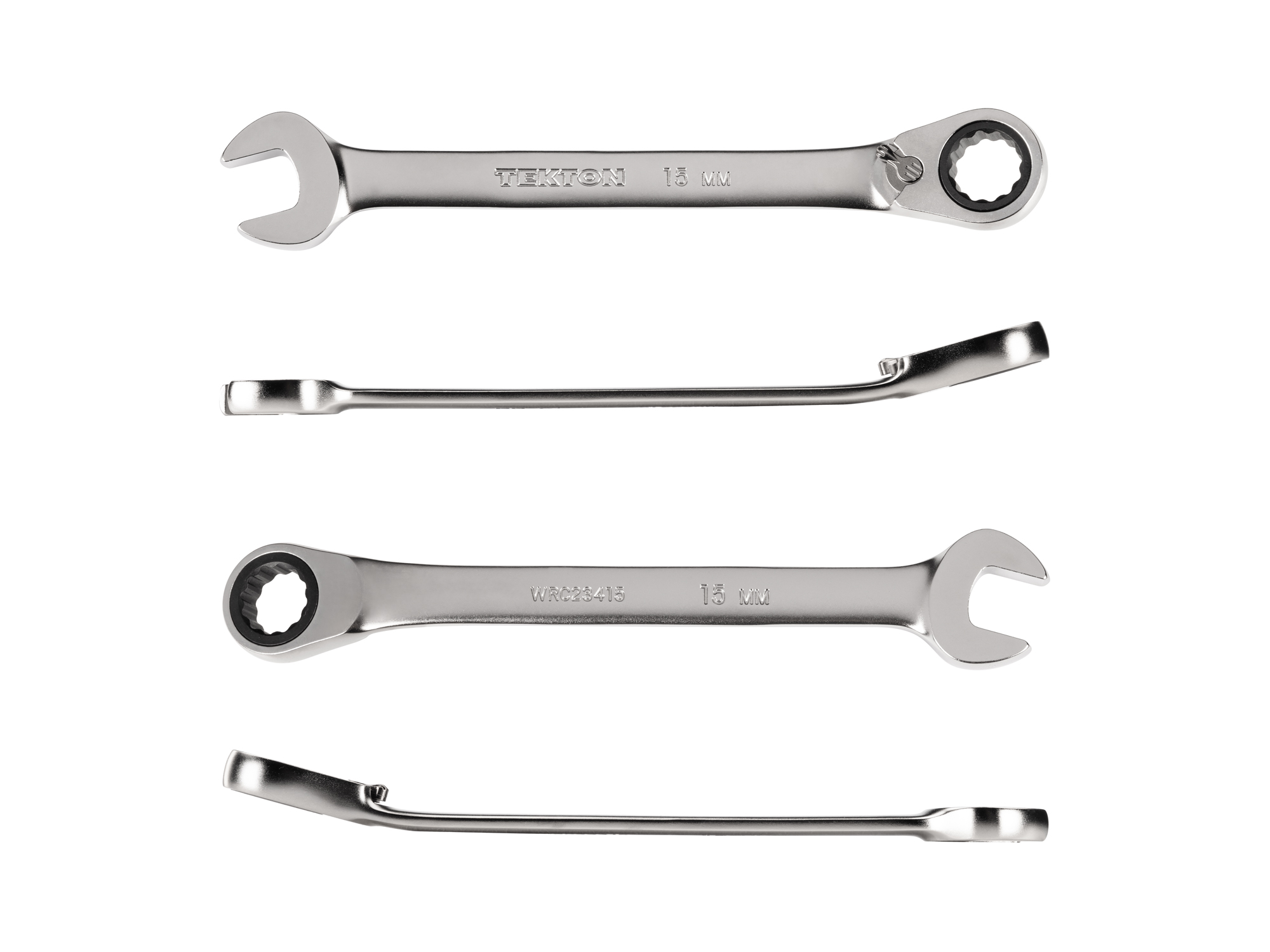 15 mm (metric) reversible 12-point ratcheting combination wrench includes 72-tooth gear and 15-degree angled open end to reduce swing in tight spaces. WRC23415.