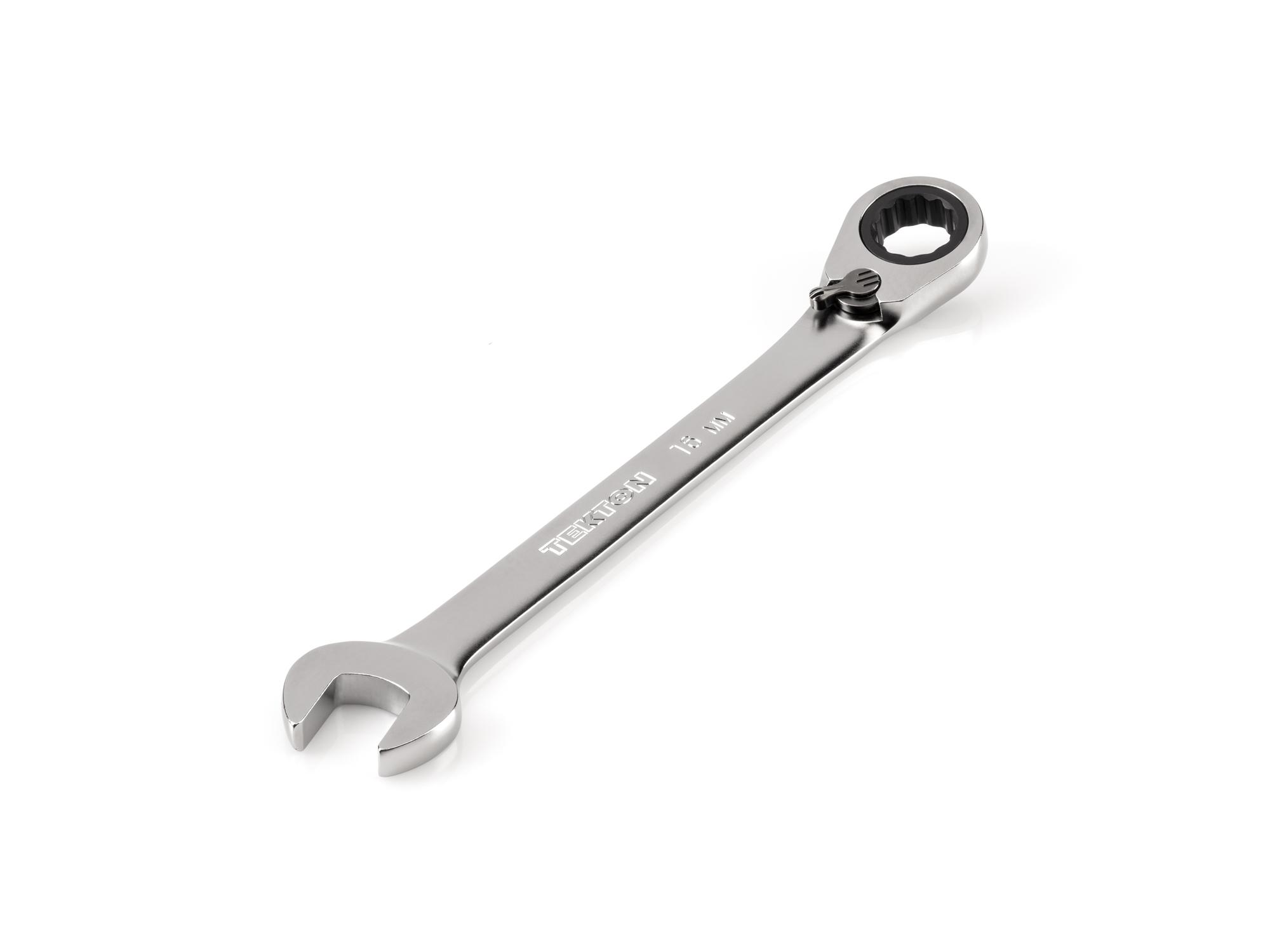 Front-right angle view of Tekton ratcheting combination wrench. Item #WRC23416