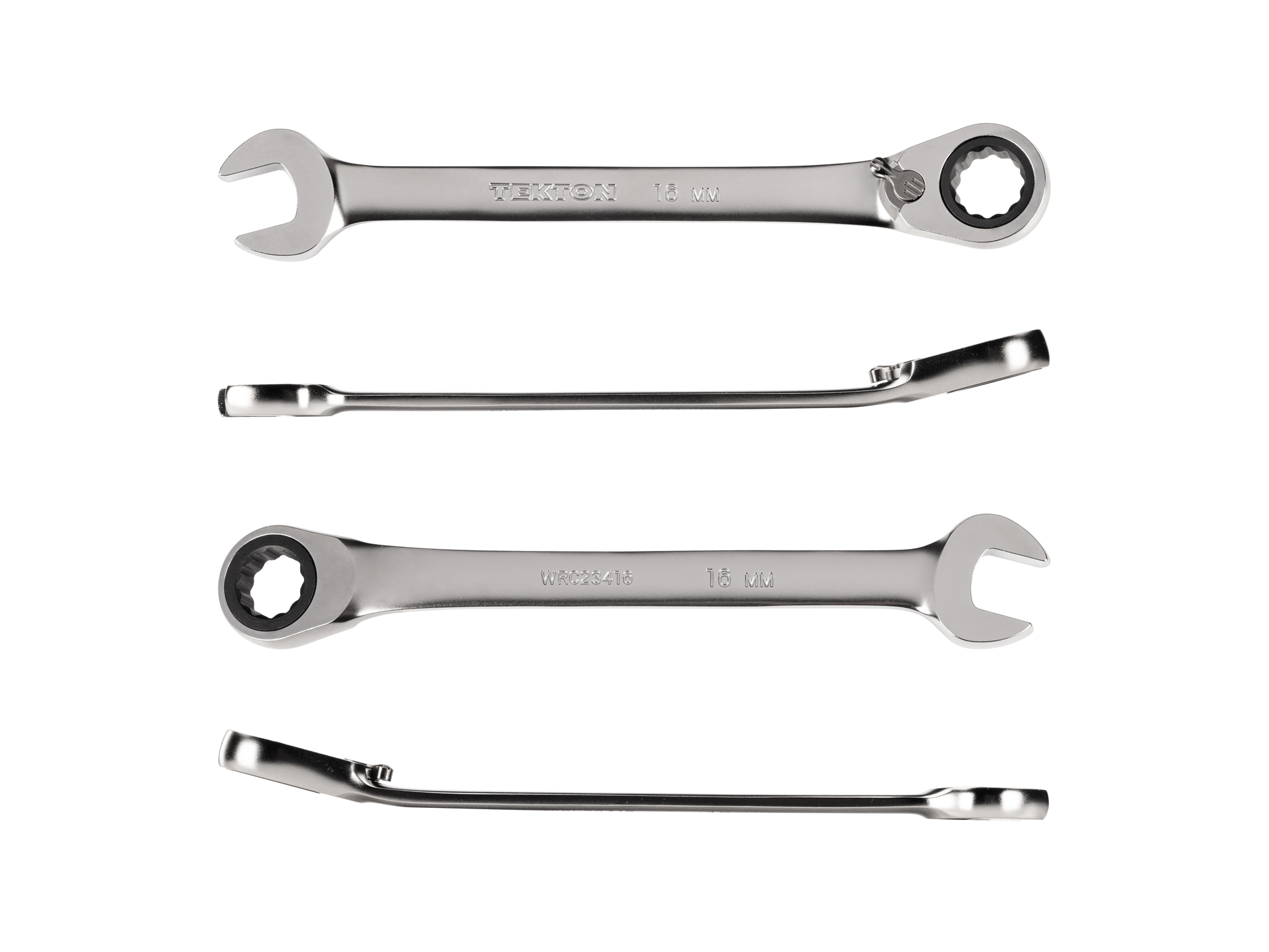 16 mm (metric) reversible 12-point ratcheting combination wrench includes 72-tooth gear and 15-degree angled open end to reduce swing in tight spaces. WRC23416.