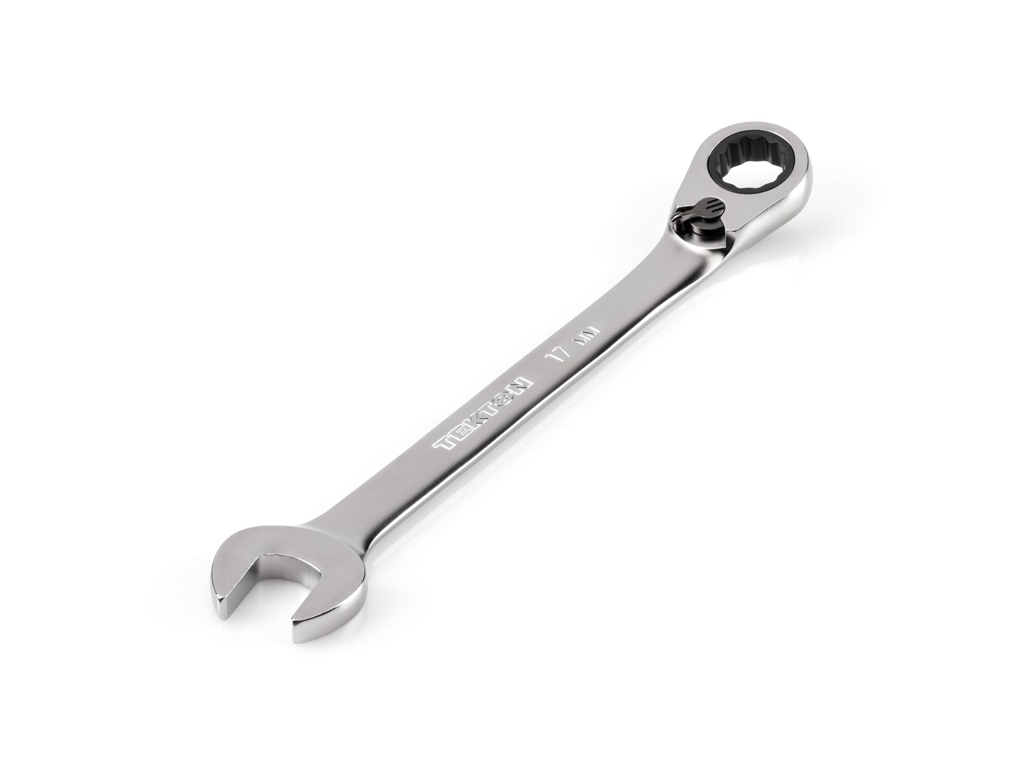 Front-right angle view of Tekton ratcheting combination wrench. Item #WRC23417