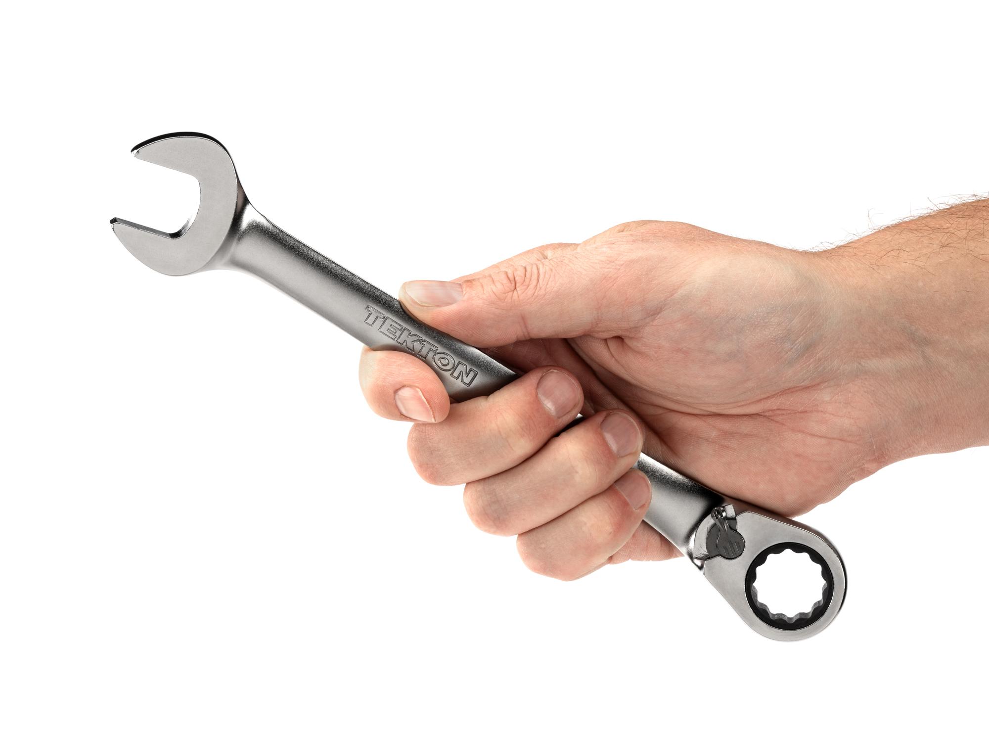 Person holding Tekton ratcheting combination wrench. Item #WRC23417