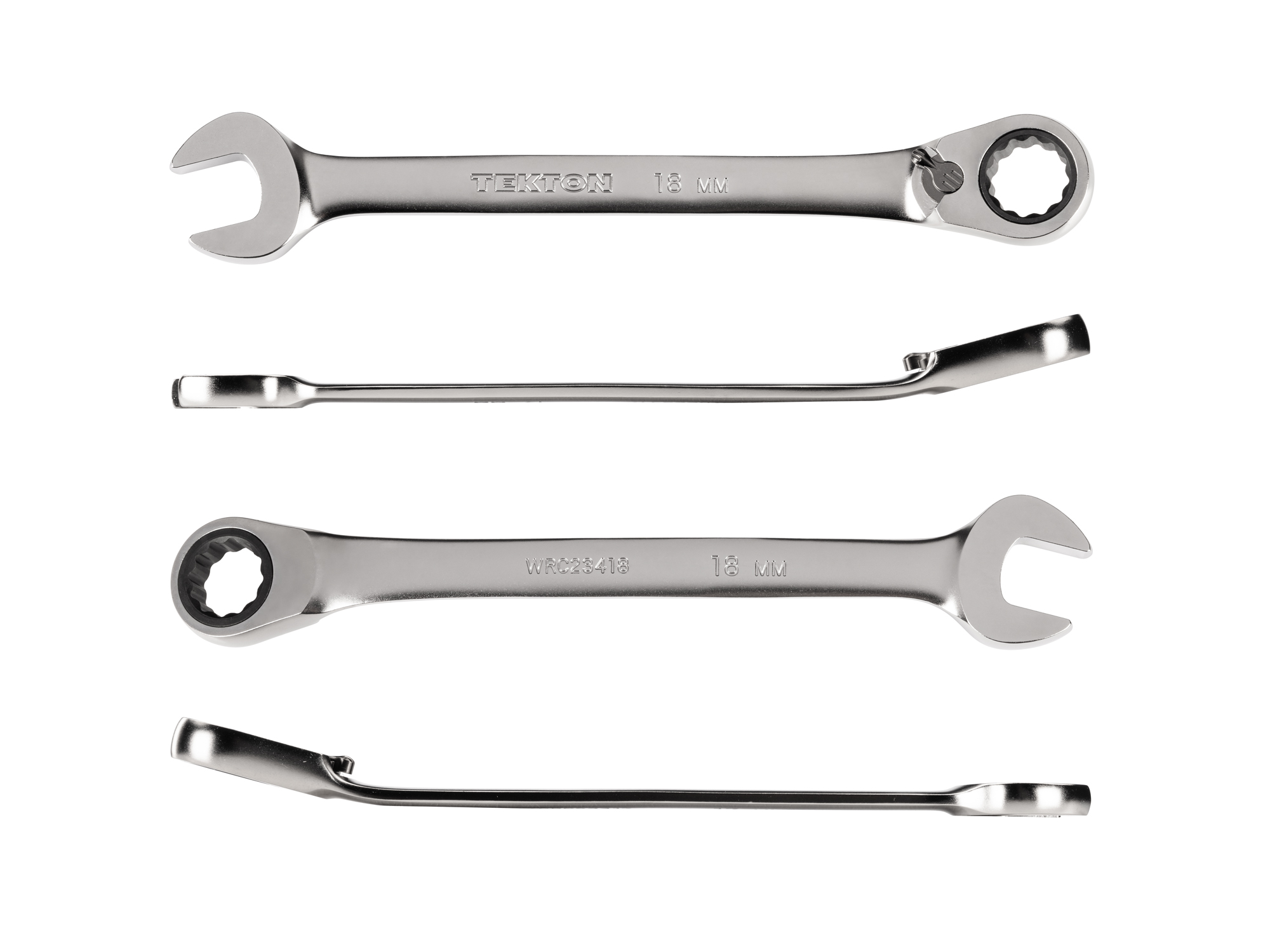 18 mm (metric) reversible 12-point ratcheting combination wrench includes 72-tooth gear and 15-degree angled open end to reduce swing in tight spaces. WRC23418.