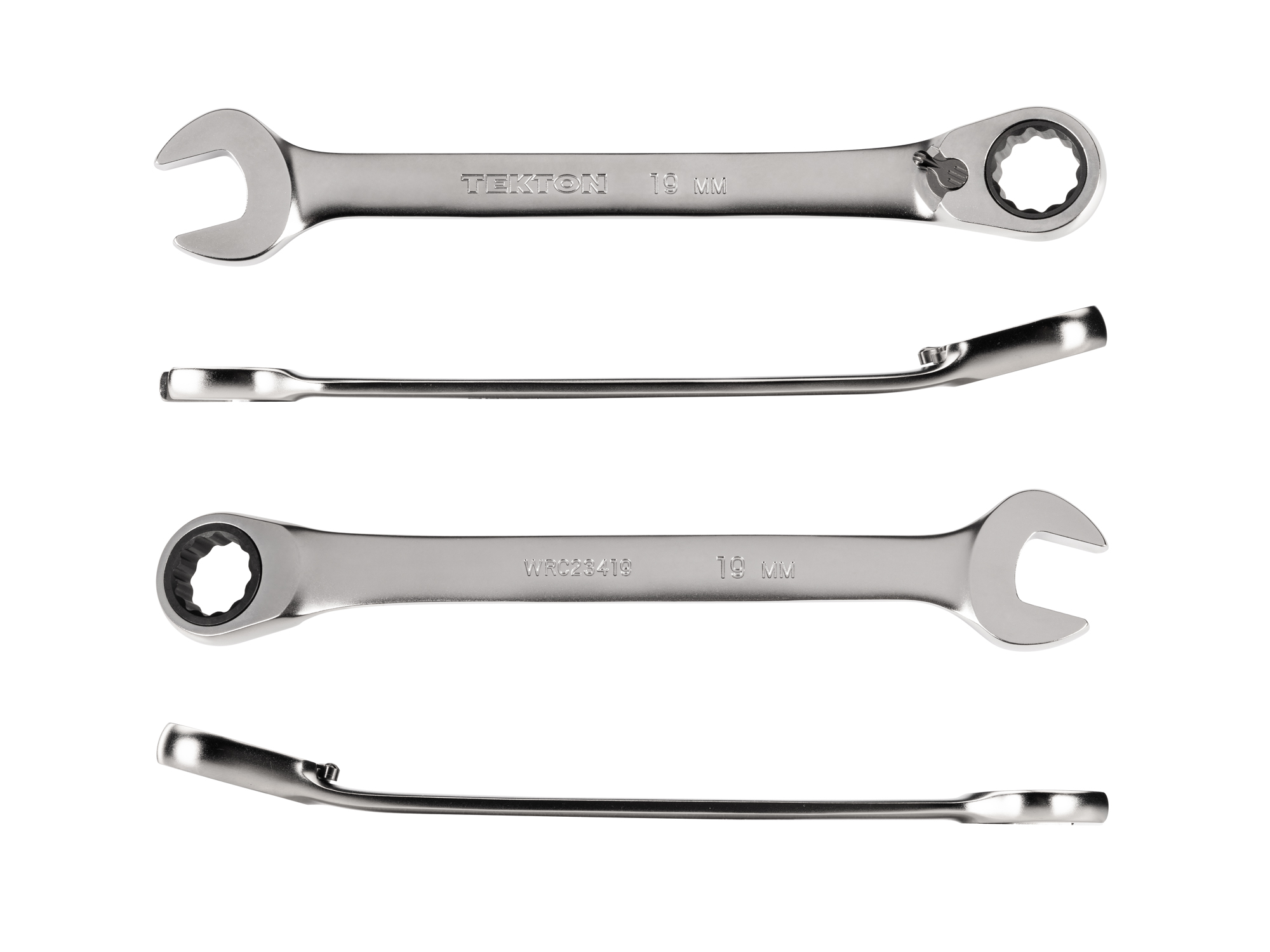 19 mm (metric) reversible 12-point ratcheting combination wrench includes 72-tooth gear and 15-degree angled open end to reduce swing in tight spaces. WRC23419.