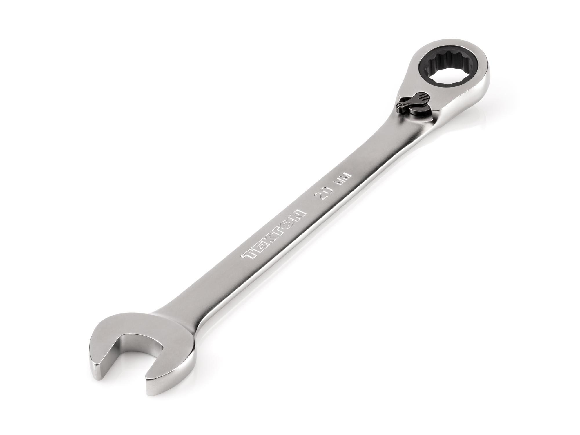 Front-right angle view of Tekton ratcheting combination wrench. Item #WRC23420