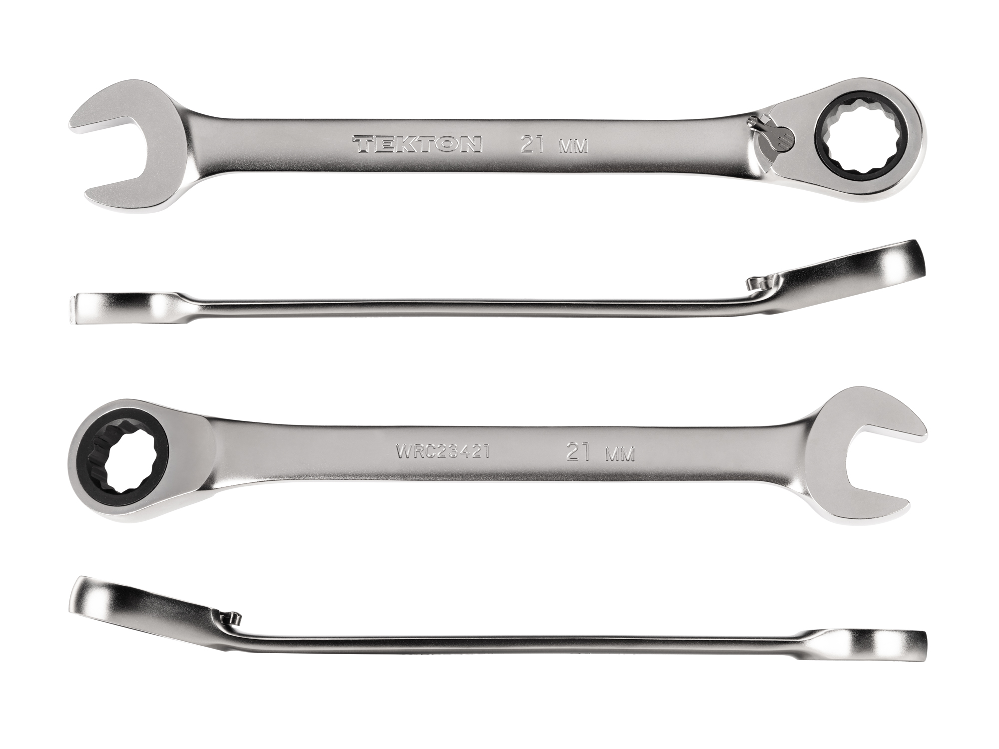 21 mm (metric) reversible 12-point ratcheting combination wrench includes 72-tooth gear and 15-degree angled open end to reduce swing in tight spaces. WRC23421.