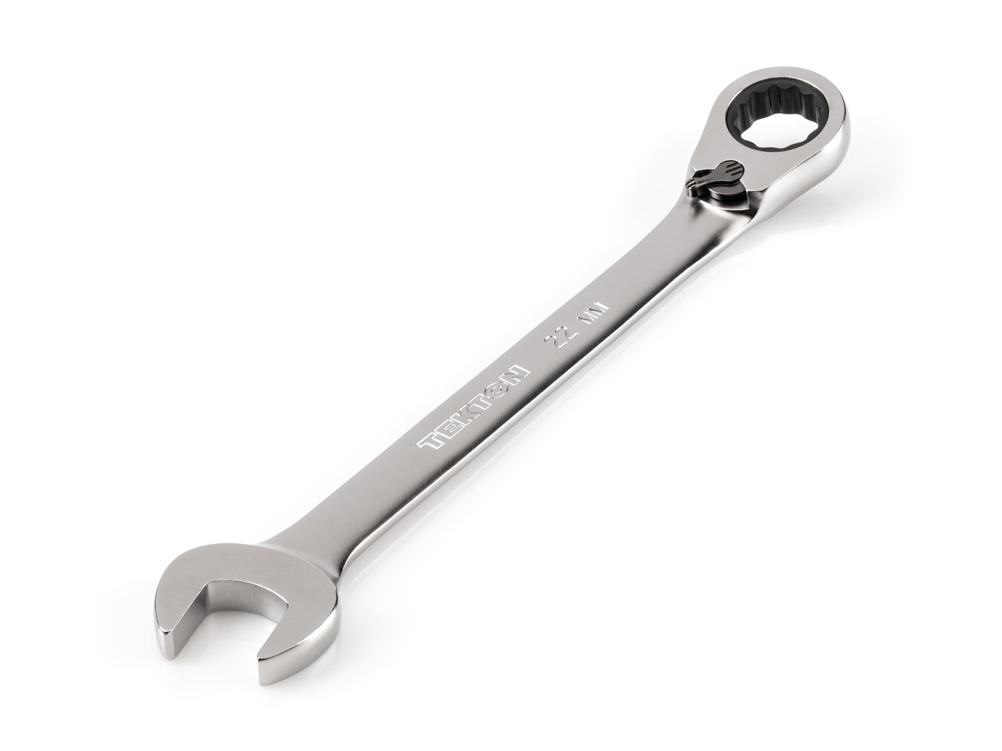 Front-right angle view of Tekton ratcheting combination wrench. Item #WRC23422