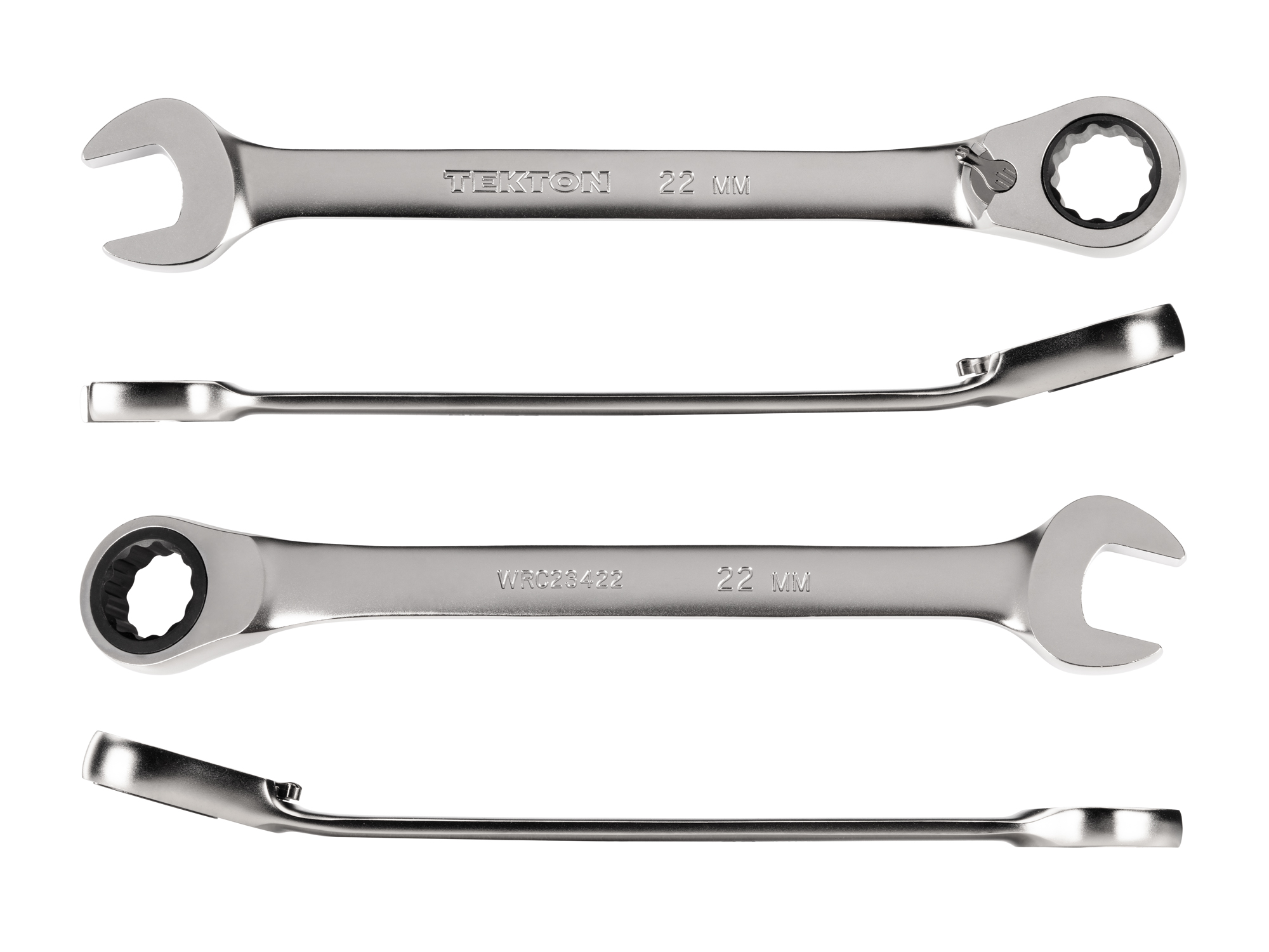 22 mm (metric) reversible 12-point ratcheting combination wrench includes 72-tooth gear and 15-degree angled open end to reduce swing in tight spaces. WRC23422.