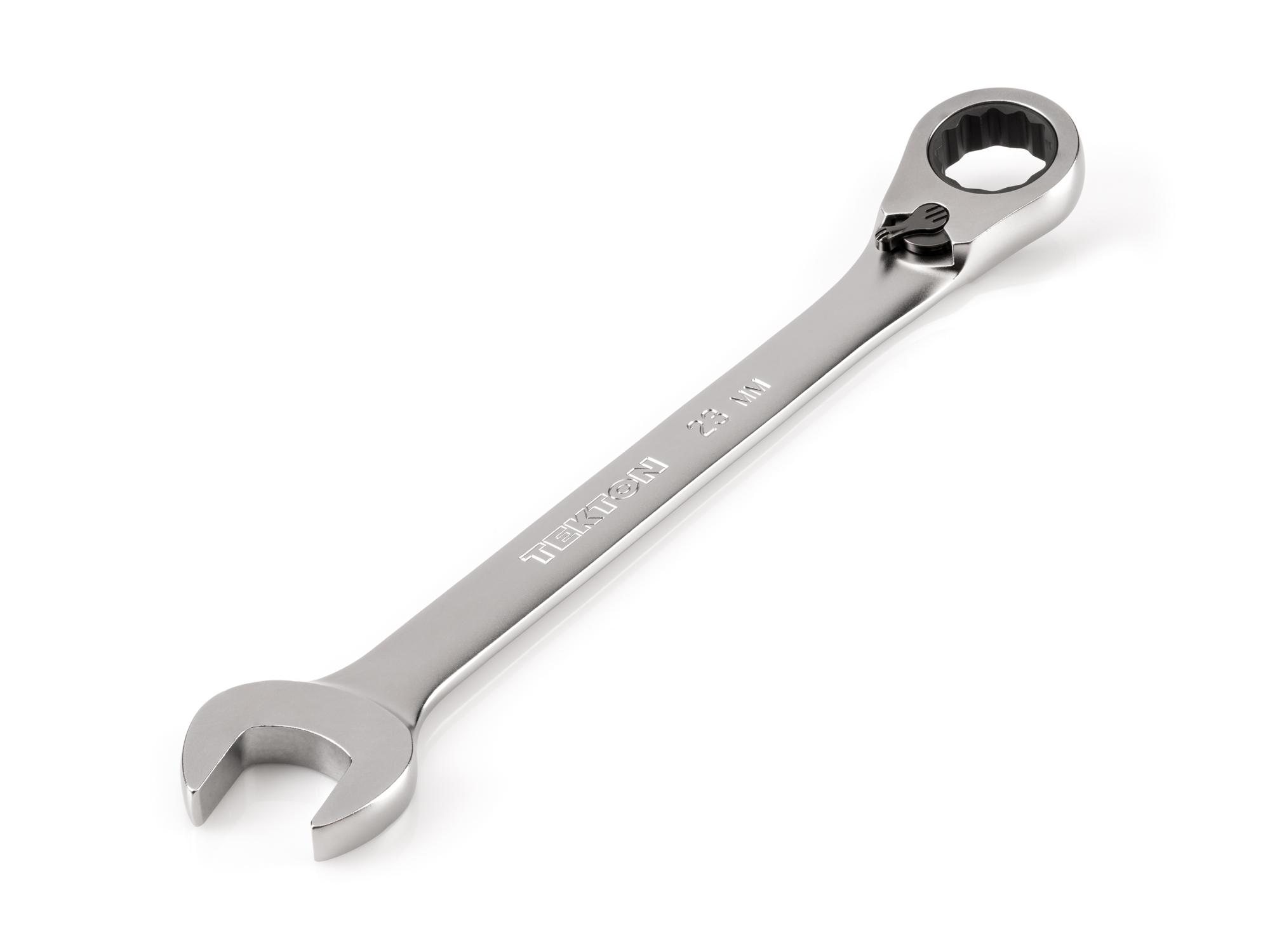 Front-right angle view of Tekton ratcheting combination wrench. Item #WRC23423