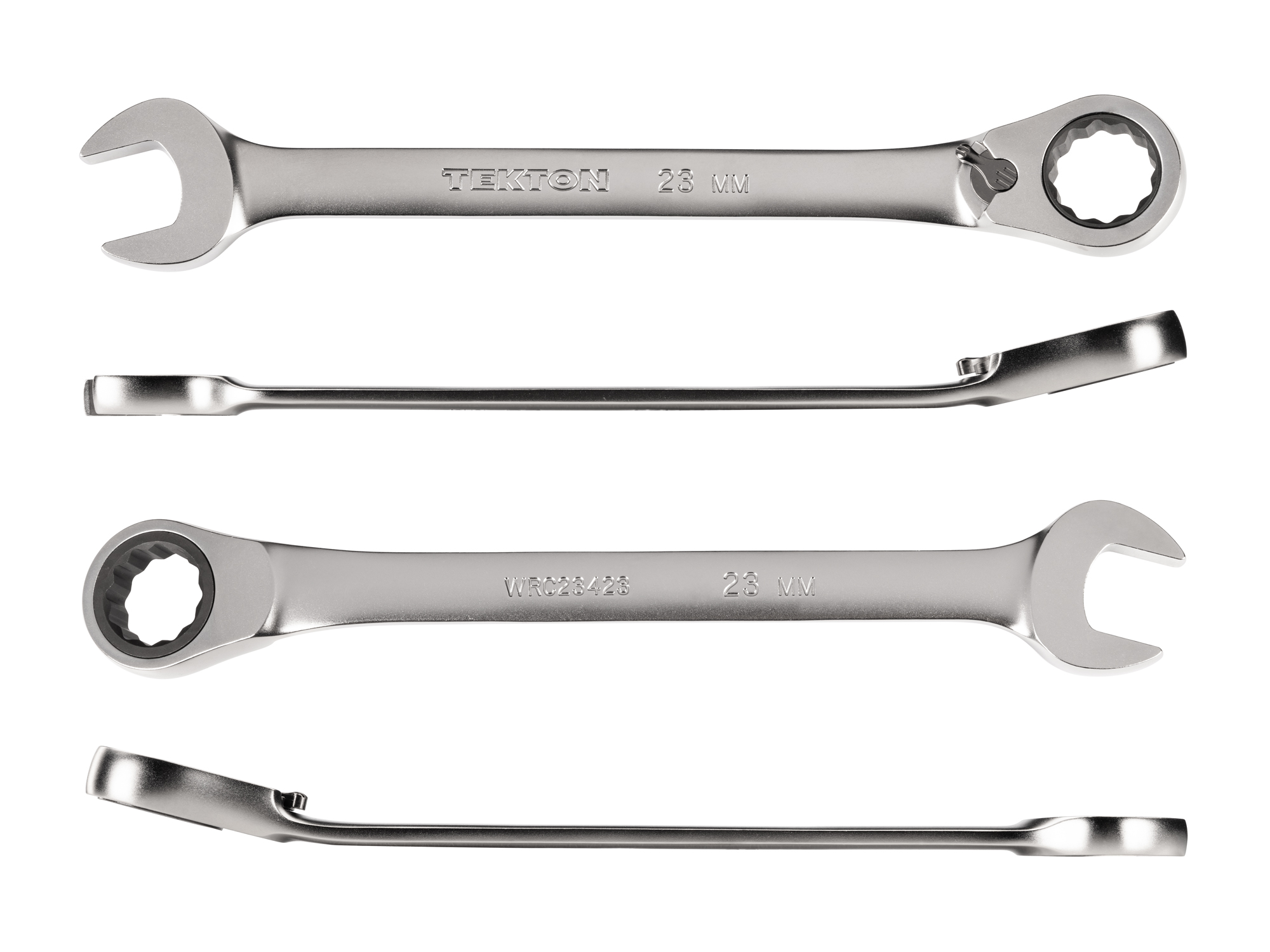 23 mm (metric) reversible 12-point ratcheting combination wrench includes 72-tooth gear and 15-degree angled open end to reduce swing in tight spaces. WRC23423.