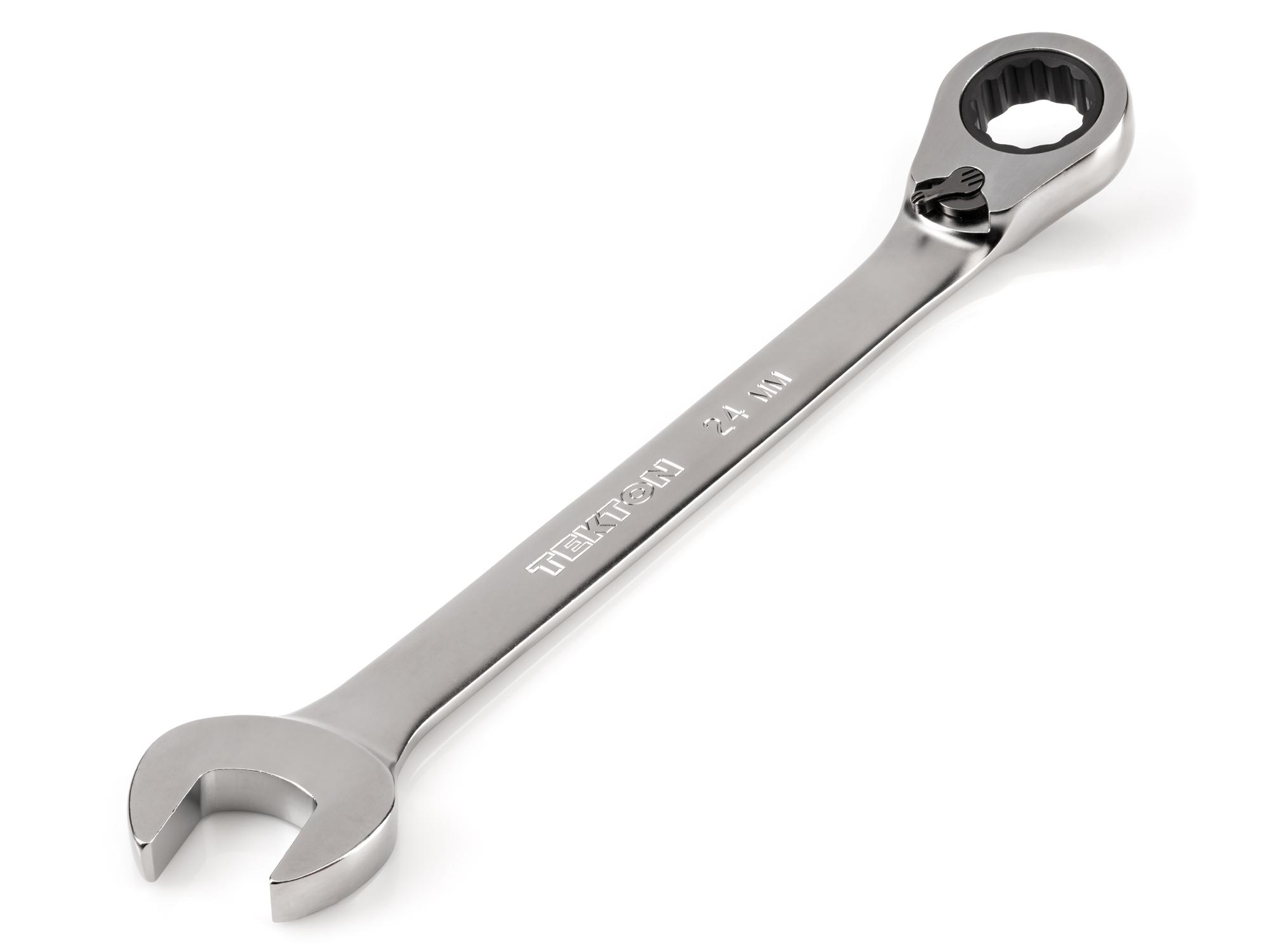 Front-right angle view of Tekton ratcheting combination wrench. Item #WRC23424