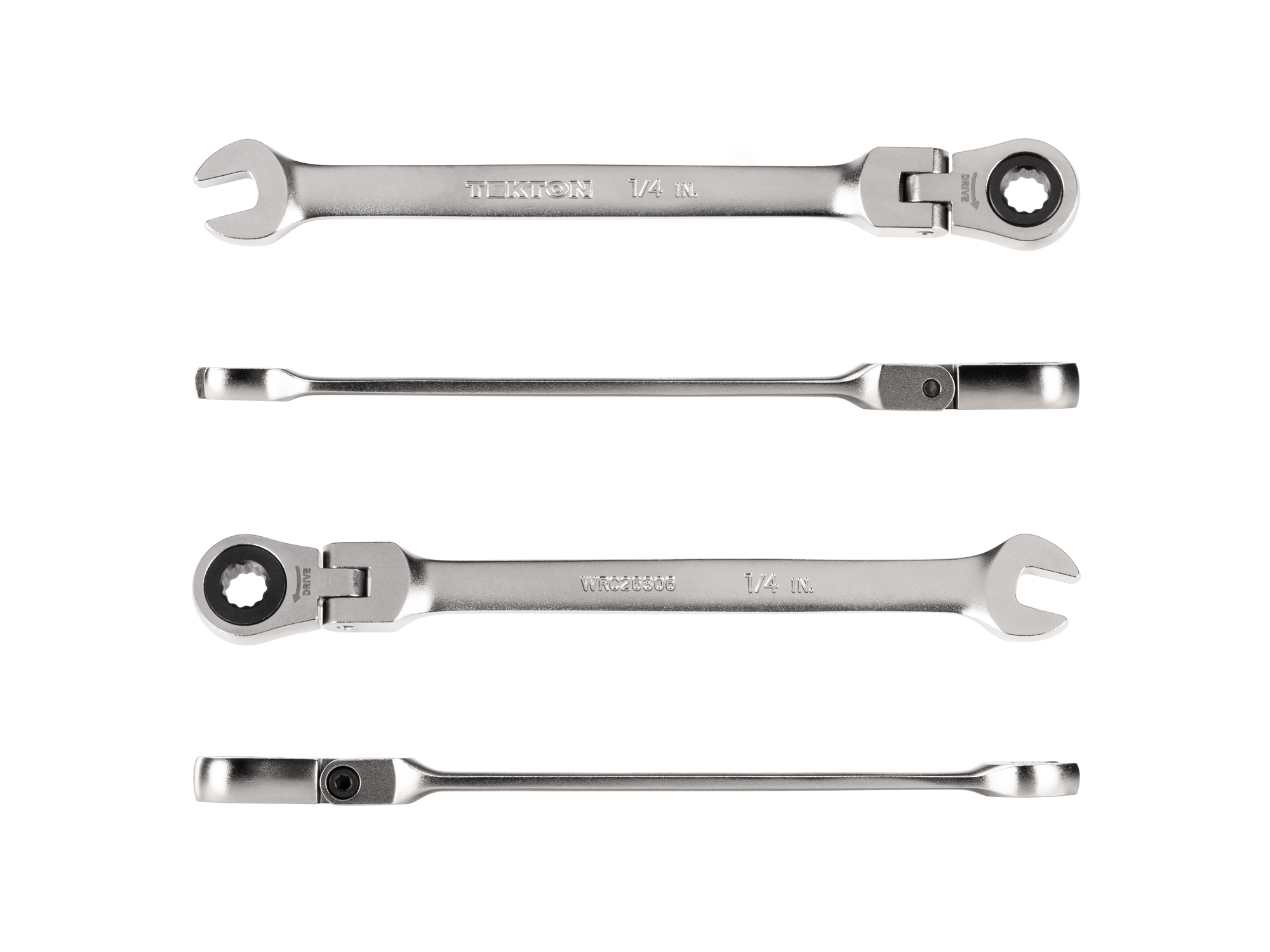 Individual ratcheting wrench. 12-point box end flexes 180 degrees and uses a 72-tooth ratchet gear. Smooth, satin chrome finish. WRC26306.