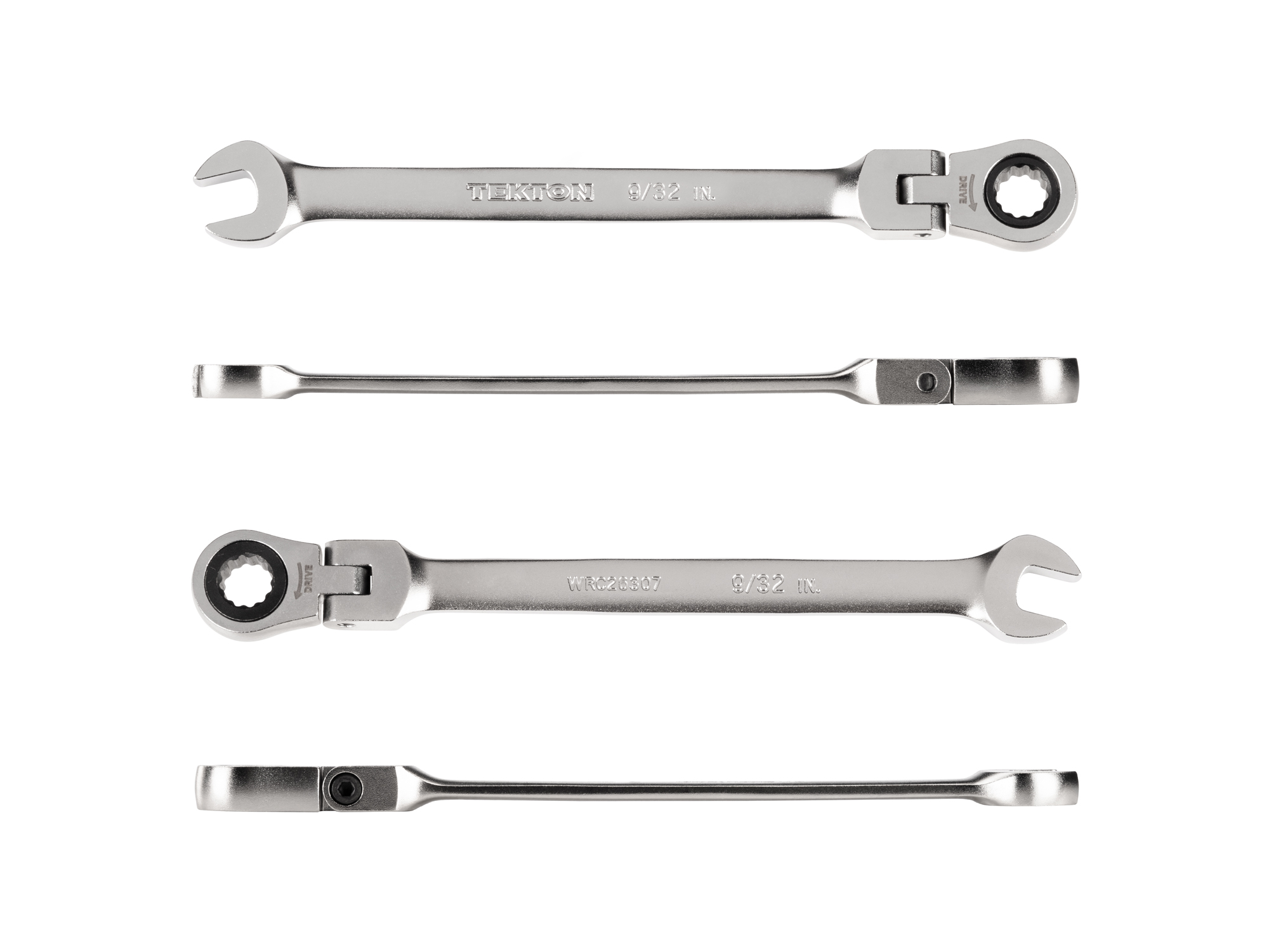 Individual ratcheting wrench. 12-point box end flexes 180 degrees and uses a 72-tooth ratchet gear. Smooth, satin chrome finish. WRC26307.