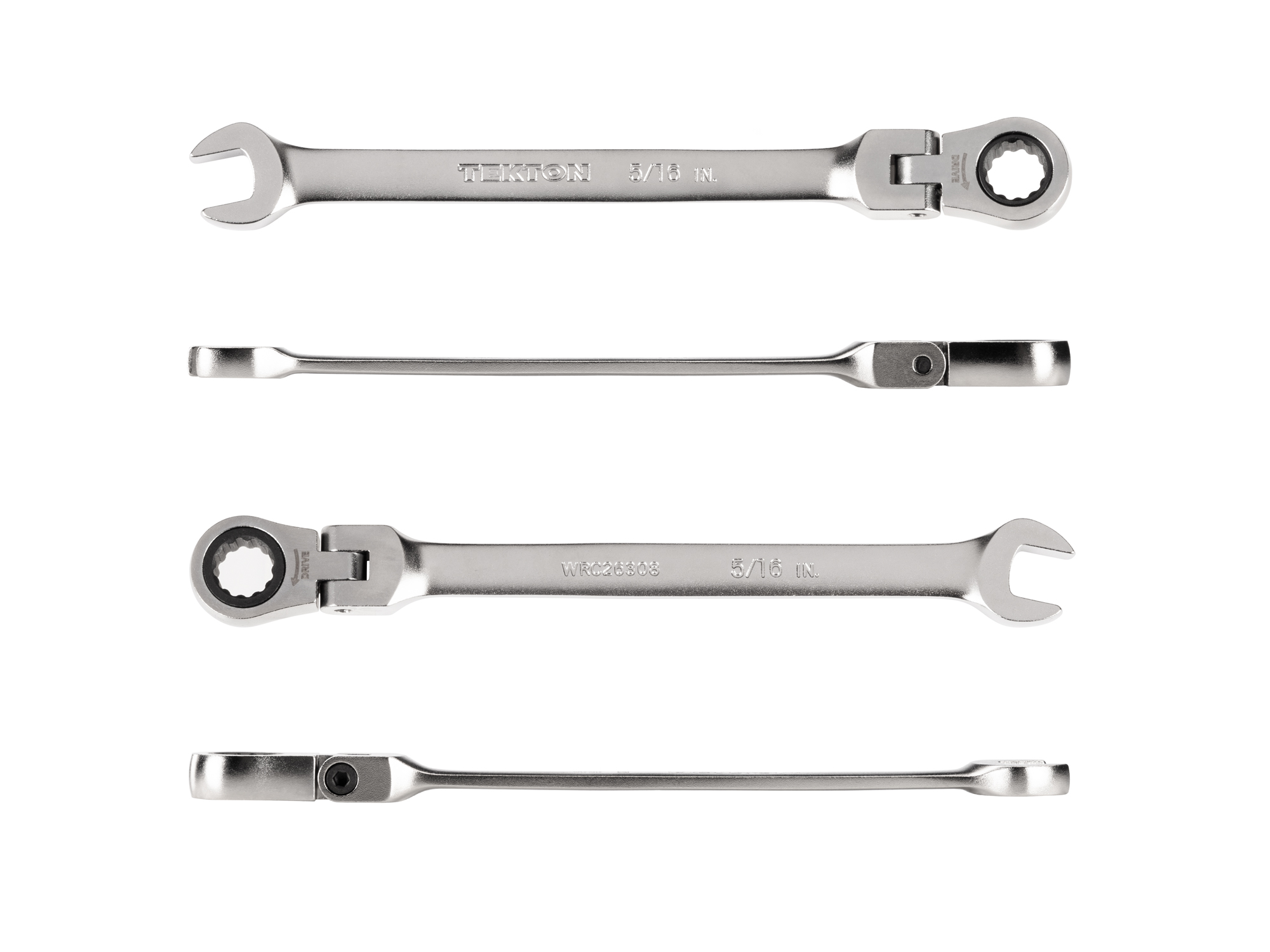 Individual ratcheting wrench. 12-point box end flexes 180 degrees and uses a 72-tooth ratchet gear. Smooth, satin chrome finish. WRC26308.