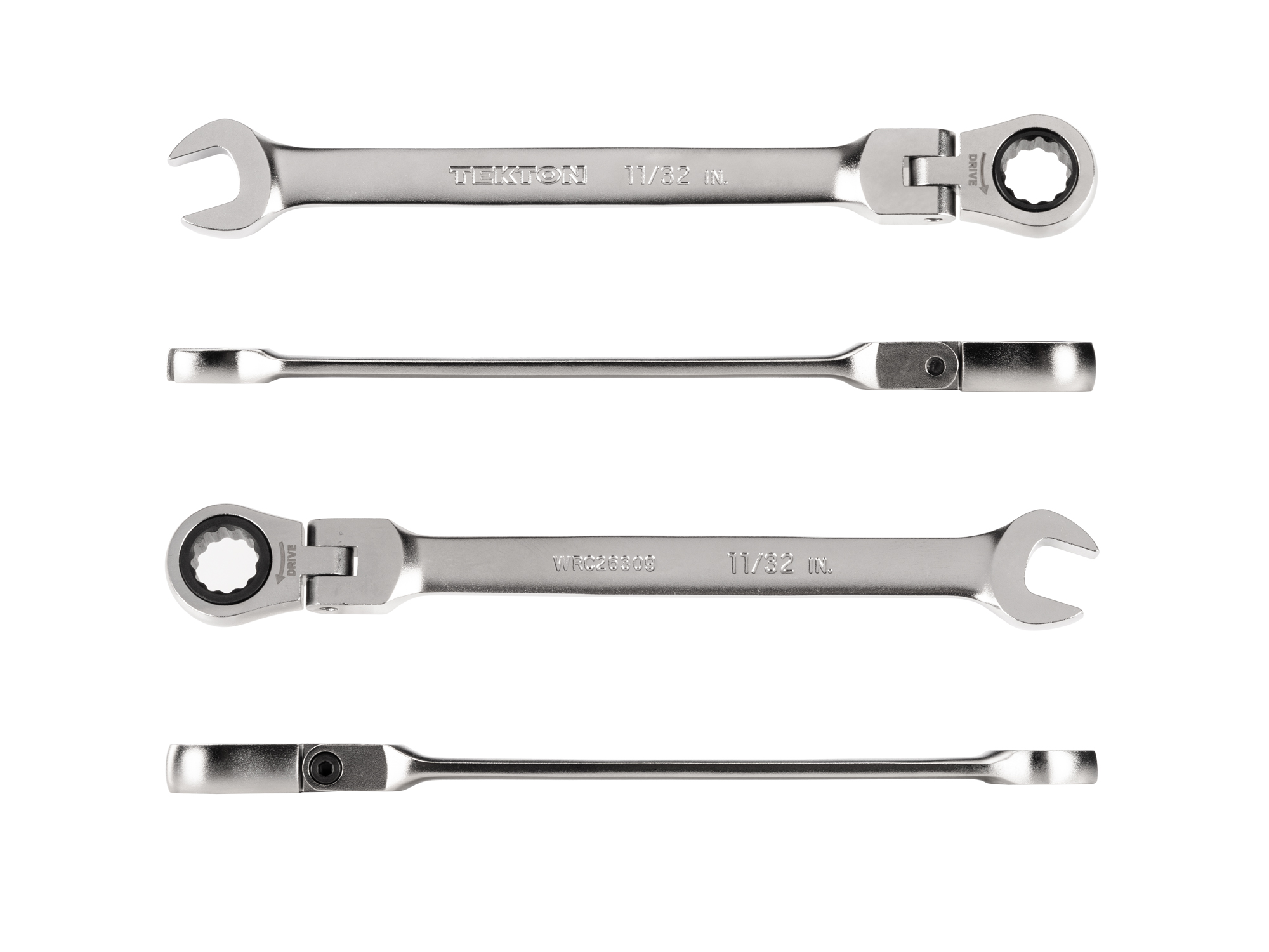 Individual ratcheting wrench. 12-point box end flexes 180 degrees and uses a 72-tooth ratchet gear. Smooth, satin chrome finish. WRC26309.