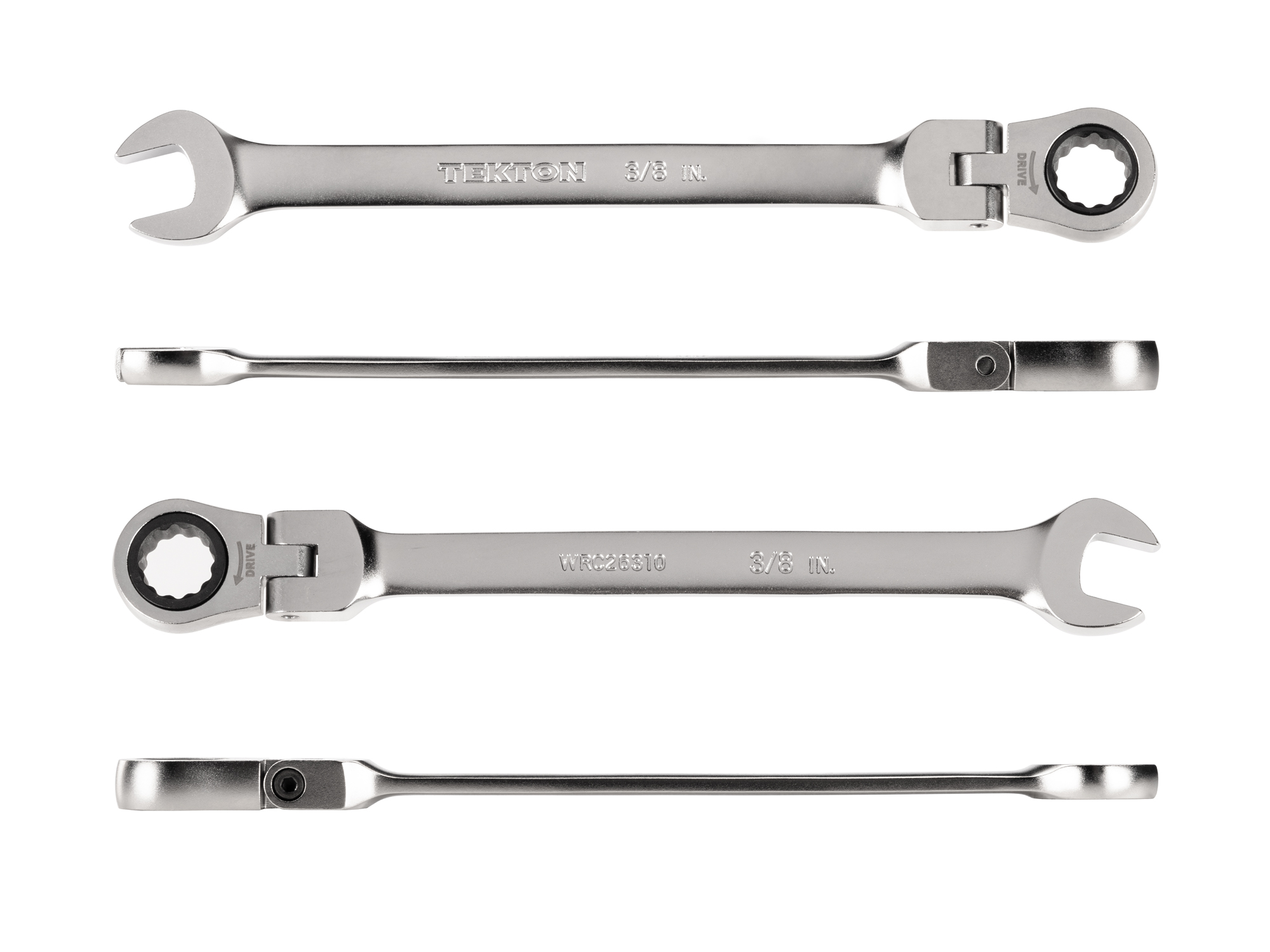 Individual ratcheting wrench. 12-point box end flexes 180 degrees and uses a 72-tooth ratchet gear. Smooth, satin chrome finish. WRC26310.