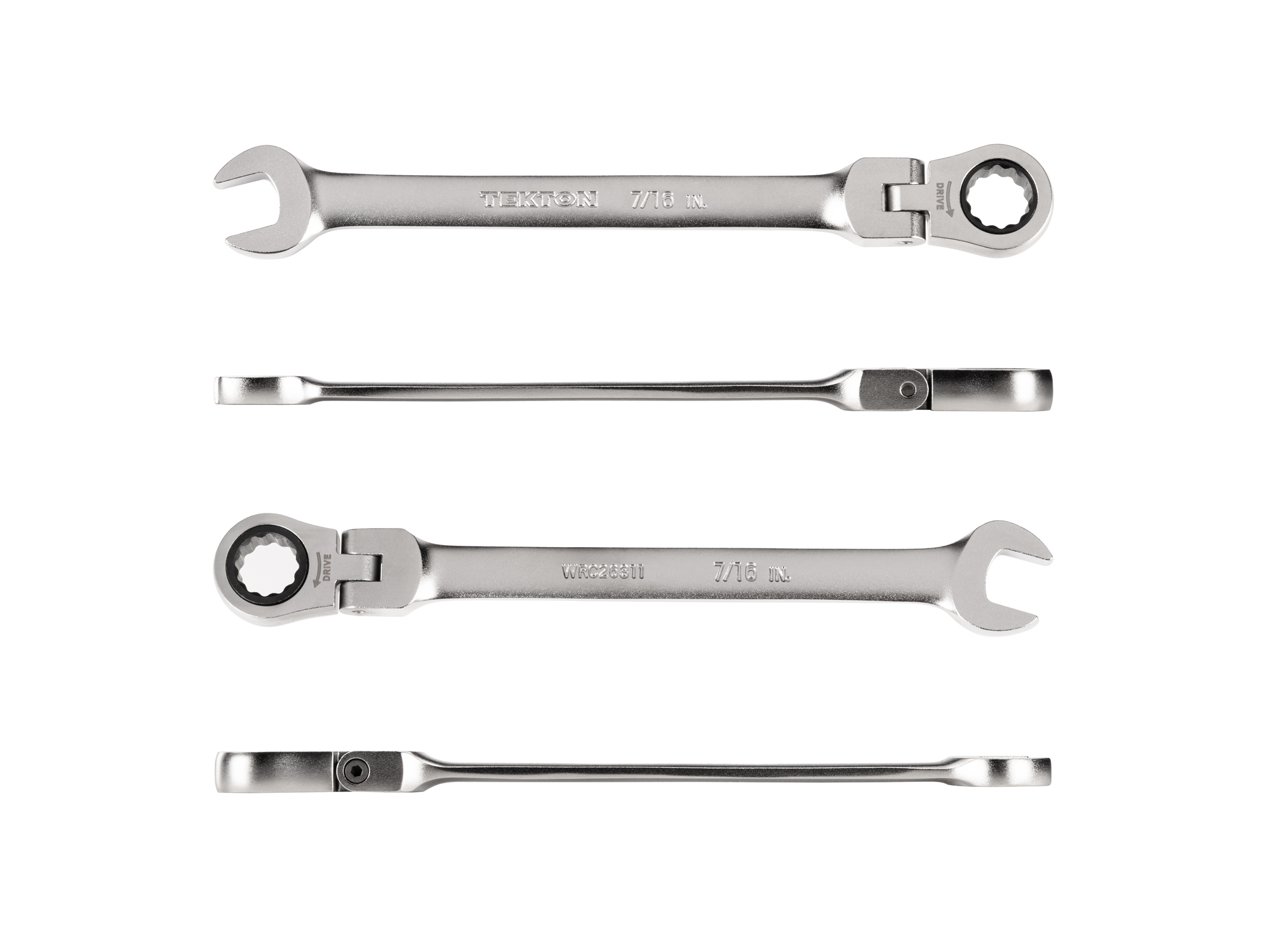 7/16 inch (sae) flex head 12-point ratcheting combination wrench includes 72-tooth gear and a 180-degree smooth sweeping head to navigate tight spaces. WRC26311.