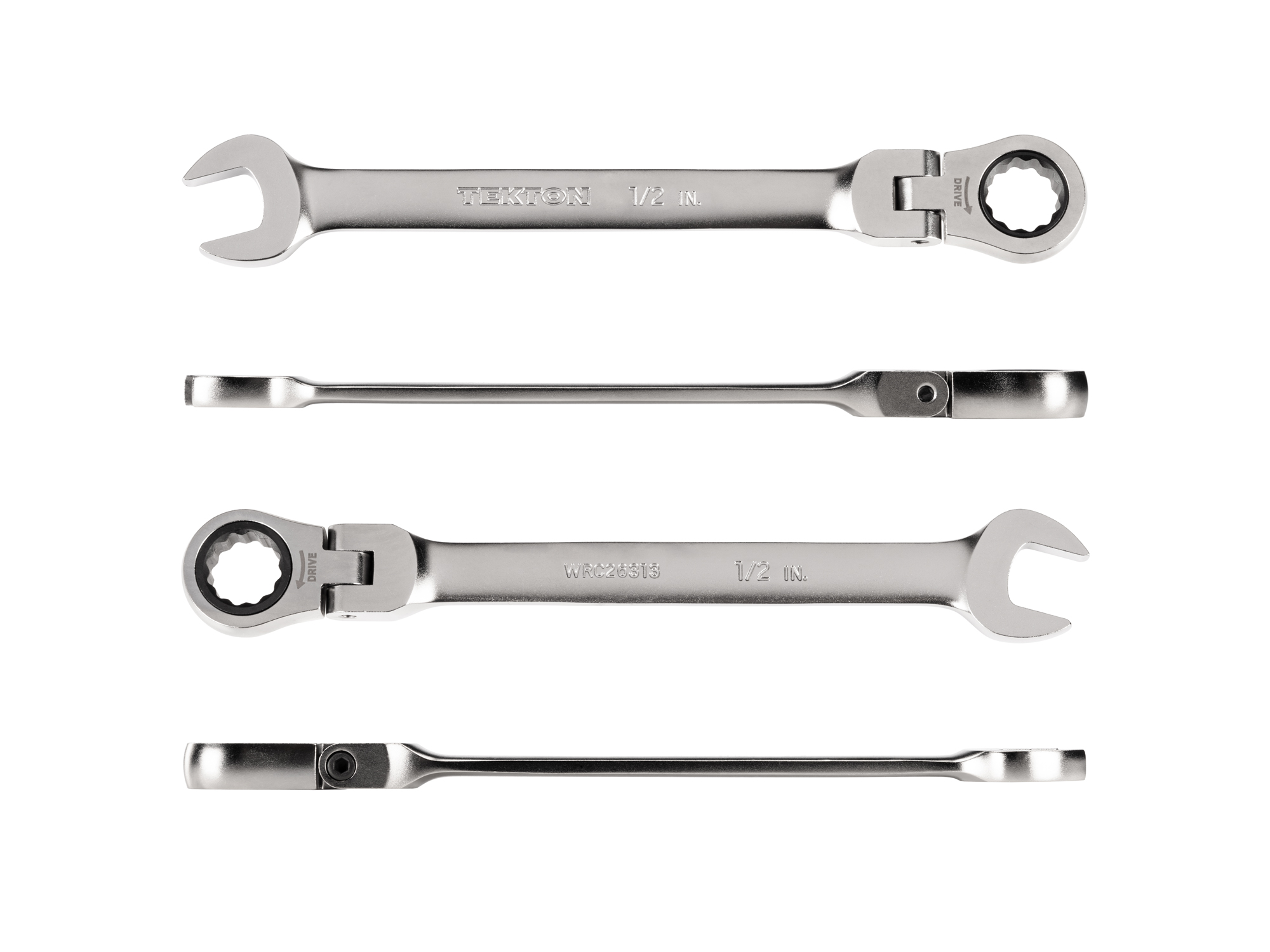 Individual ratcheting wrench. 12-point box end flexes 180 degrees and uses a 72-tooth ratchet gear. Smooth, satin chrome finish. WRC26313.