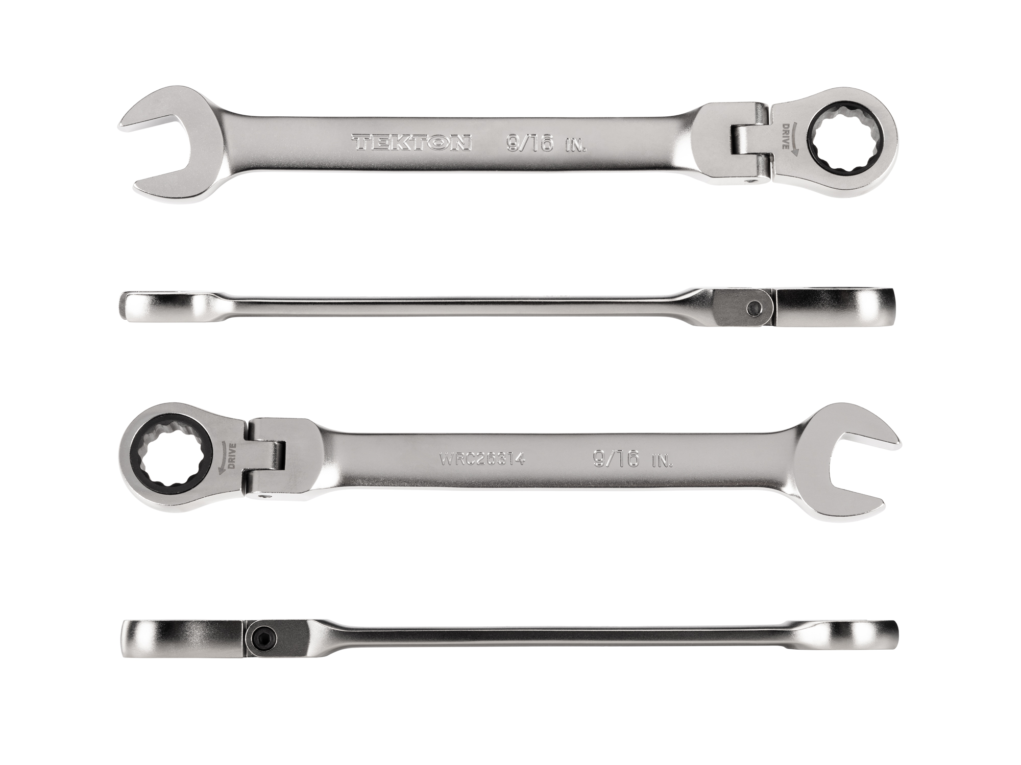 Individual ratcheting wrench. 12-point box end flexes 180 degrees and uses a 72-tooth ratchet gear. Smooth, satin chrome finish. WRC26314.