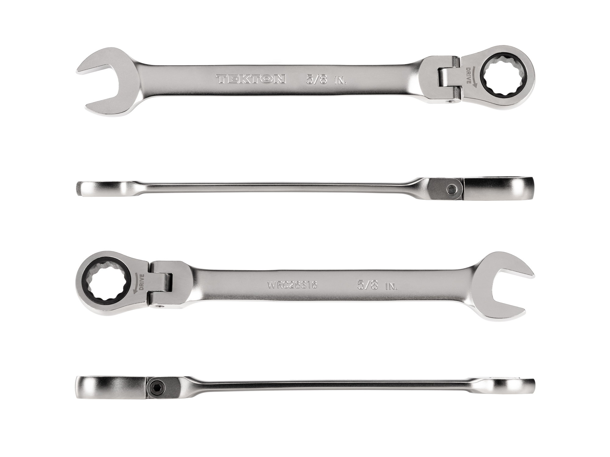 Individual ratcheting wrench. 12-point box end flexes 180 degrees and uses a 72-tooth ratchet gear. Smooth, satin chrome finish. WRC26316.