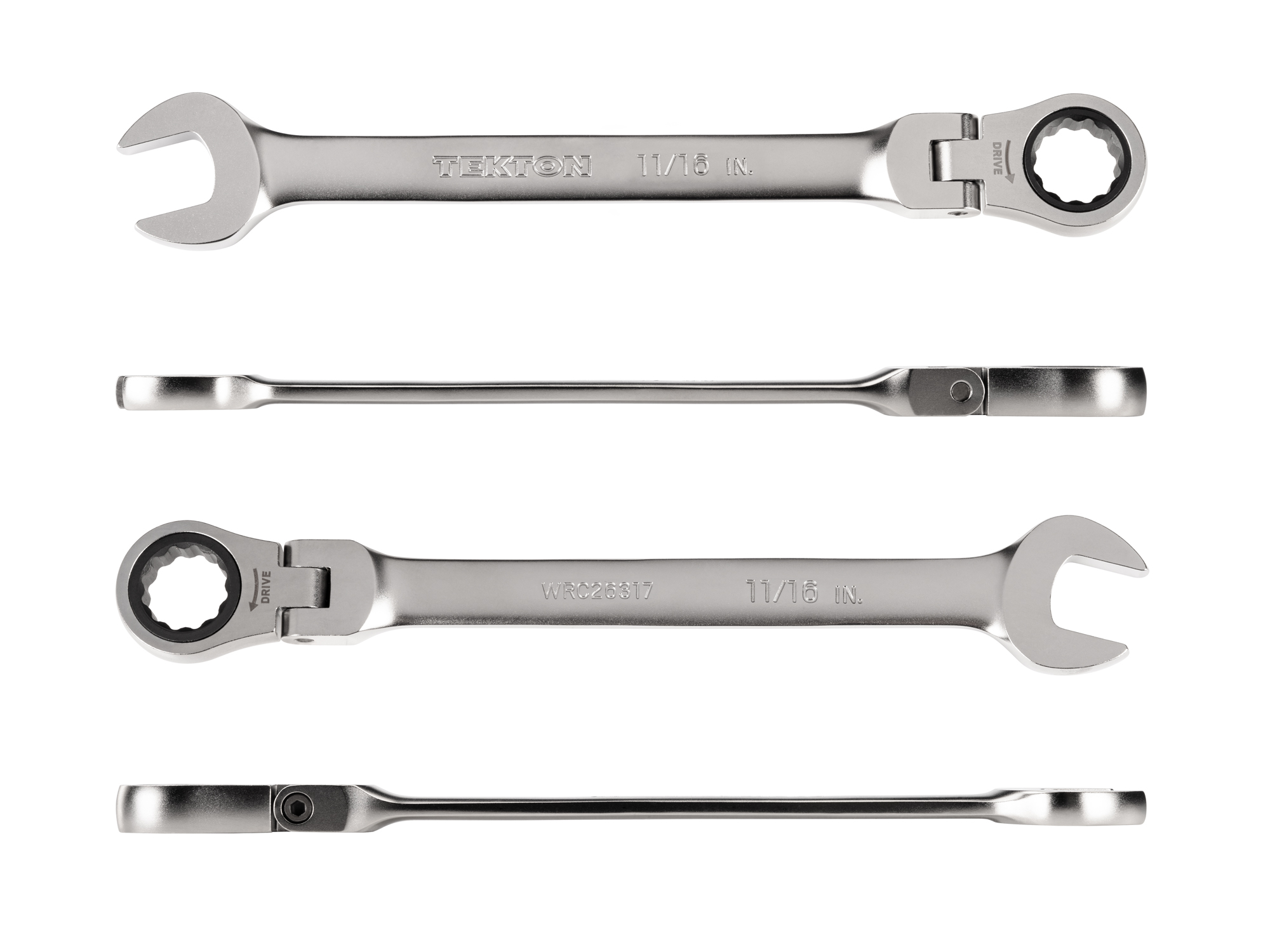 Individual ratcheting wrench. 12-point box end flexes 180 degrees and uses a 72-tooth ratchet gear. Smooth, satin chrome finish. WRC26317.