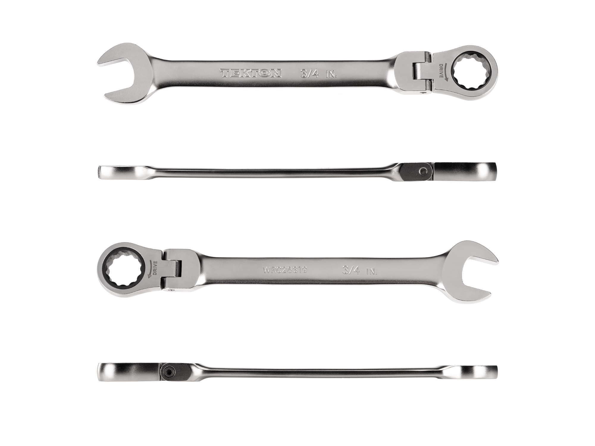 Individual ratcheting wrench. 12-point box end flexes 180 degrees and uses a 72-tooth ratchet gear. Smooth, satin chrome finish. WRC26319.