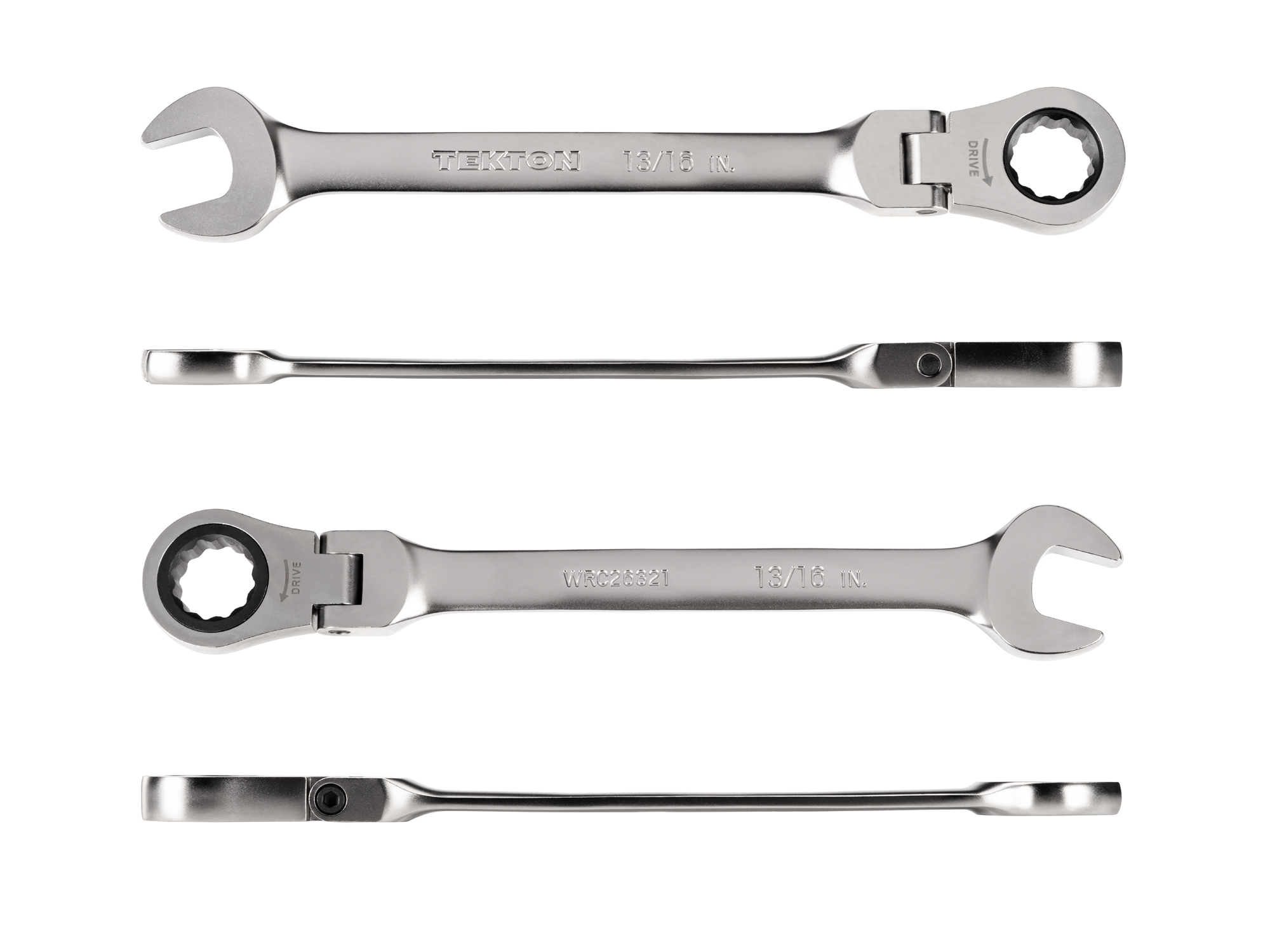 Individual ratcheting wrench. 12-point box end flexes 180 degrees and uses a 72-tooth ratchet gear. Smooth, satin chrome finish. WRC26321.