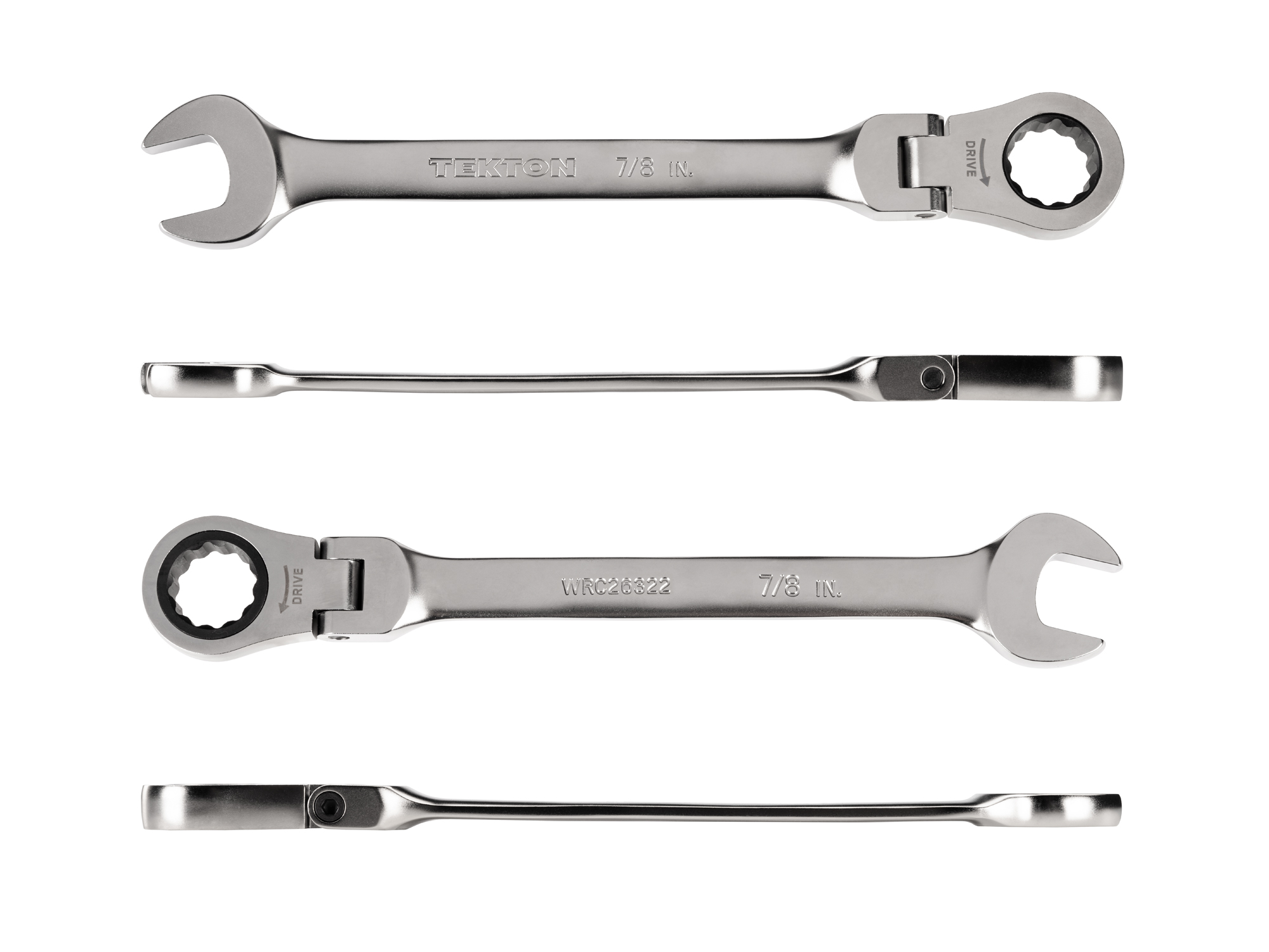 Individual ratcheting wrench. 12-point box end flexes 180 degrees and uses a 72-tooth ratchet gear. Smooth, satin chrome finish. WRC26322.