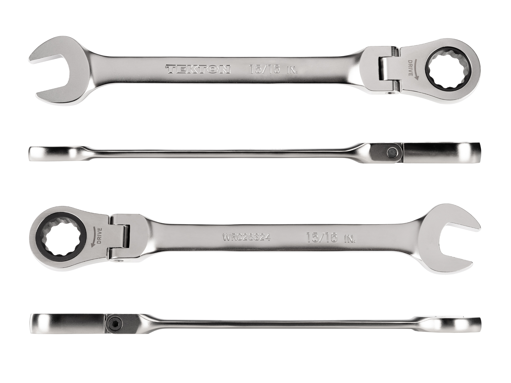 Individual ratcheting wrench. 12-point box end flexes 180 degrees and uses a 72-tooth ratchet gear. Smooth, satin chrome finish. WRC26324.