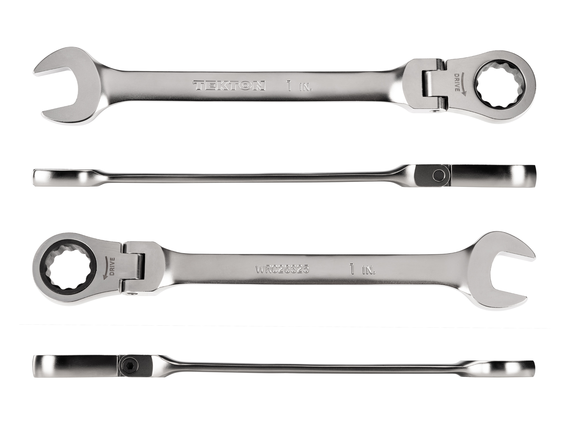 Individual ratcheting wrench. 12-point box end flexes 180 degrees and uses a 72-tooth ratchet gear. Smooth, satin chrome finish. WRC26325.