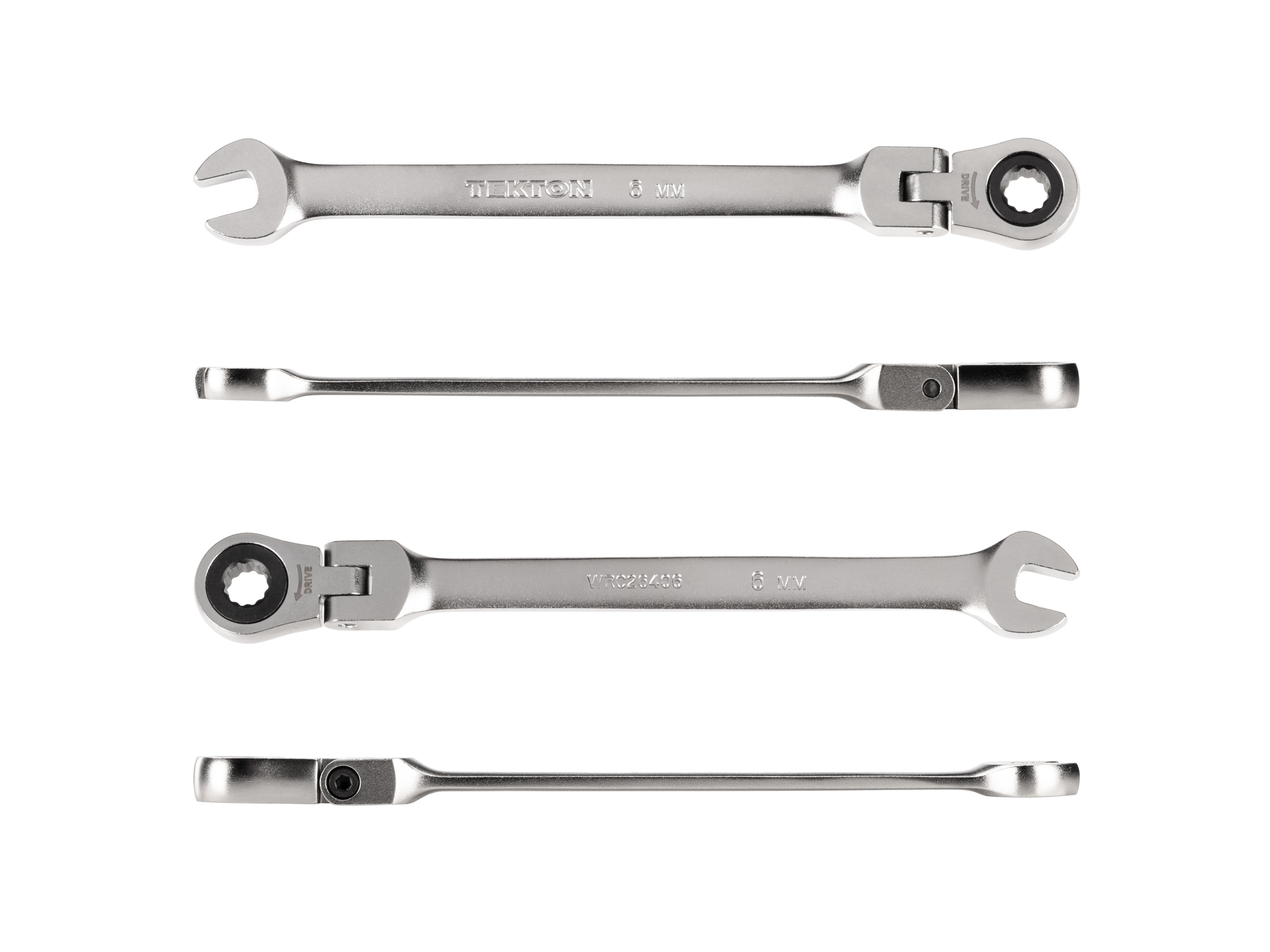 Individual ratcheting wrench. 12-point box end flexes 180 degrees and uses a 72-tooth ratchet gear. Smooth, satin chrome finish. WRC26406.