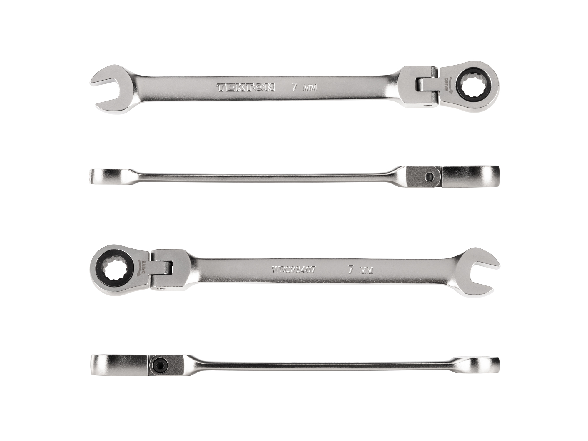 Individual ratcheting wrench. 12-point box end flexes 180 degrees and uses a 72-tooth ratchet gear. Smooth, satin chrome finish. WRC26407.