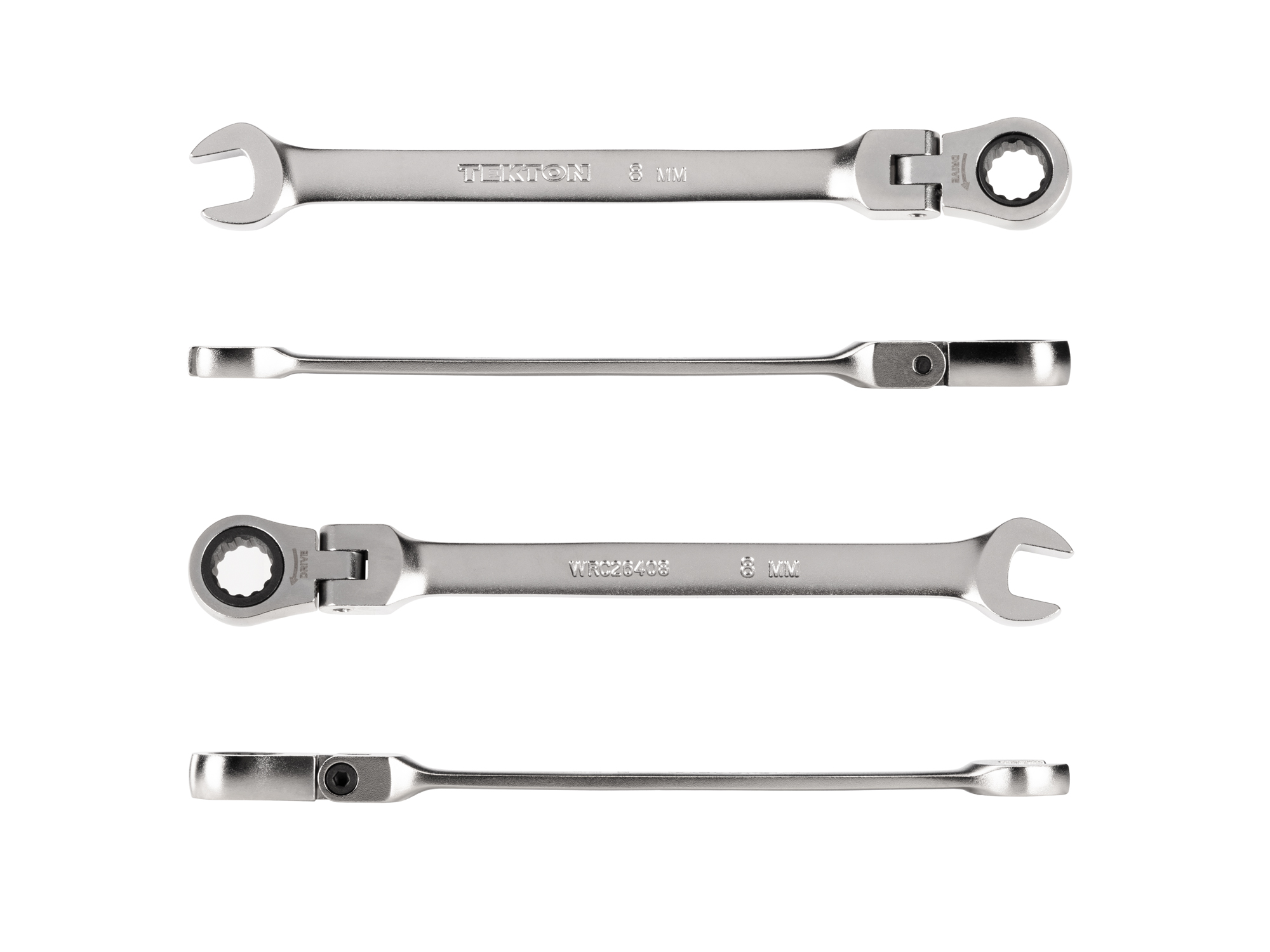 Individual ratcheting wrench. 12-point box end flexes 180 degrees and uses a 72-tooth ratchet gear. Smooth, satin chrome finish. WRC26408.