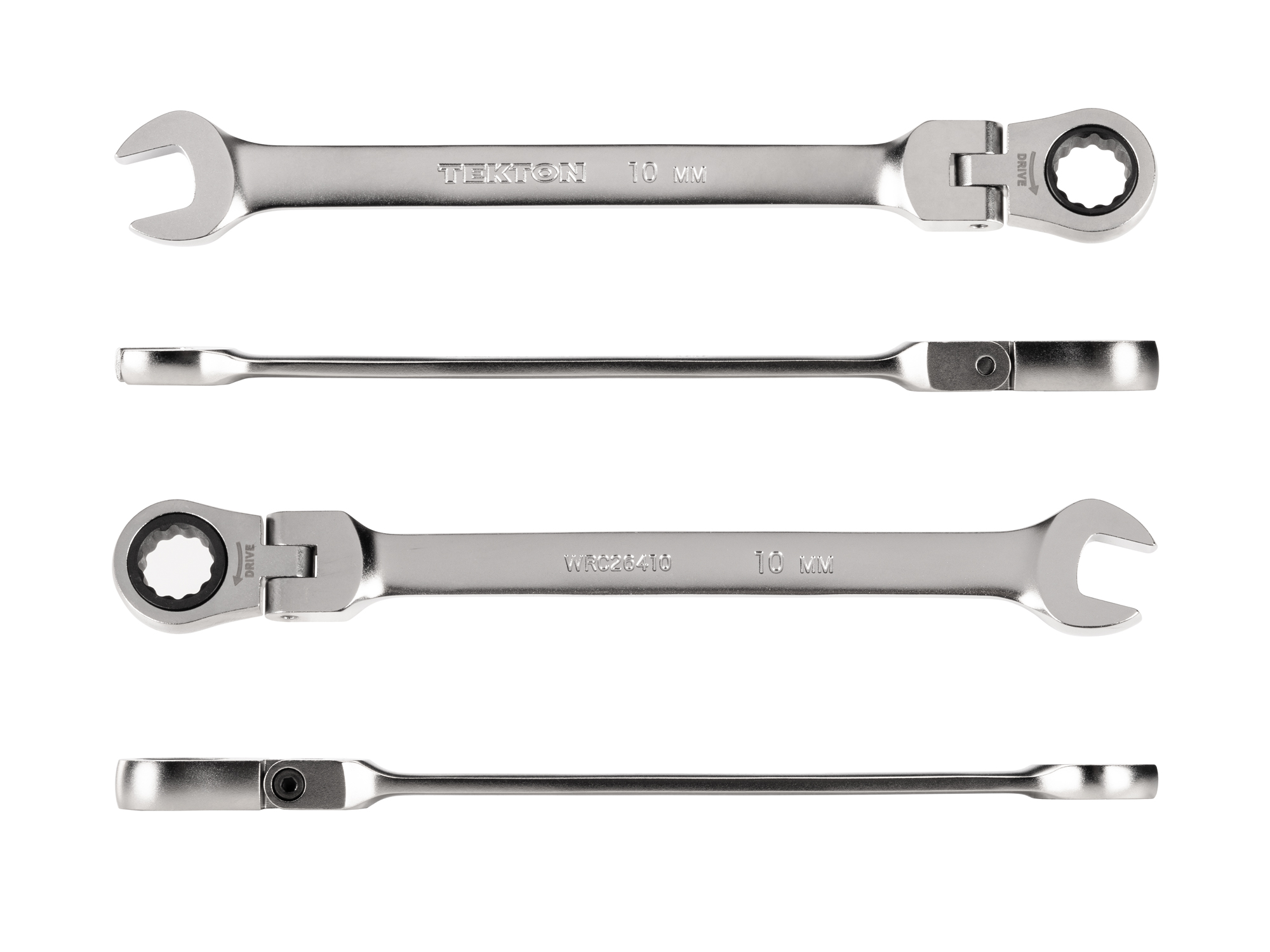 Individual ratcheting wrench. 12-point box end flexes 180 degrees and uses a 72-tooth ratchet gear. Smooth, satin chrome finish. WRC26410.