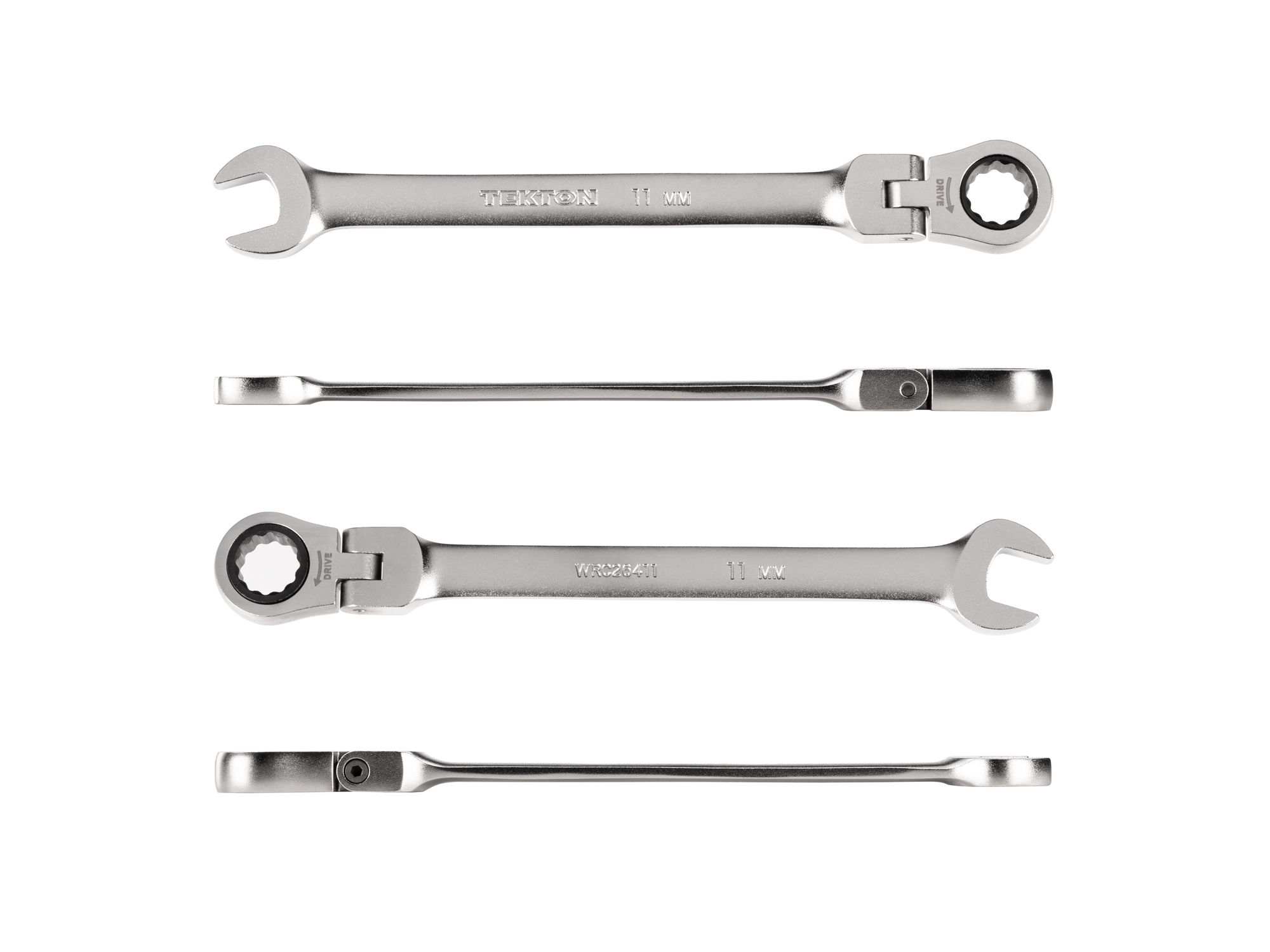 Individual ratcheting wrench. 12-point box end flexes 180 degrees and uses a 72-tooth ratchet gear. Smooth, satin chrome finish. WRC26411.