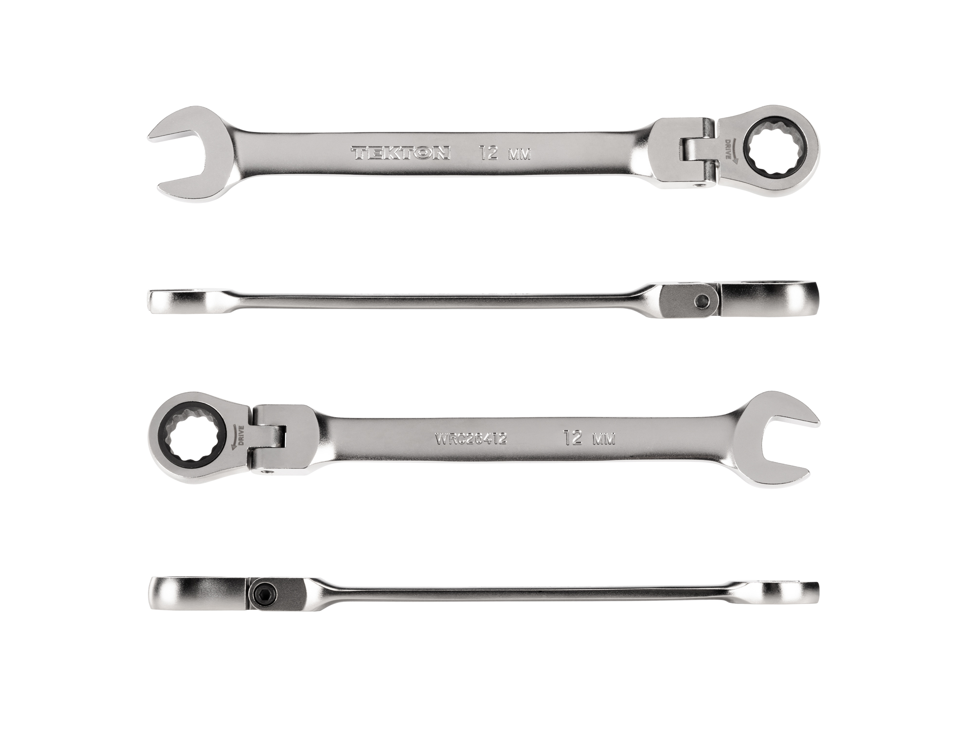 Individual ratcheting wrench. 12-point box end flexes 180 degrees and uses a 72-tooth ratchet gear. Smooth, satin chrome finish. WRC26412.