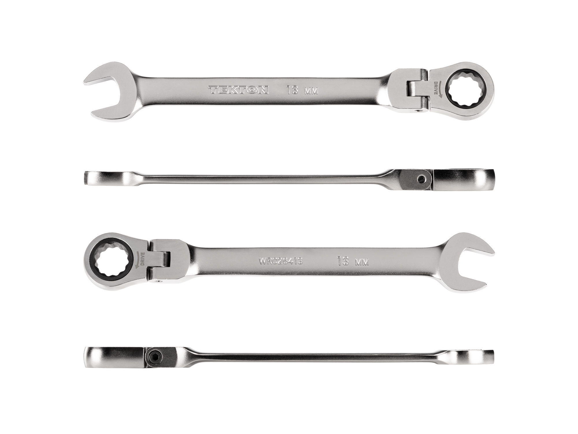 Individual ratcheting wrench. 12-point box end flexes 180 degrees and uses a 72-tooth ratchet gear. Smooth, satin chrome finish. WRC26413.