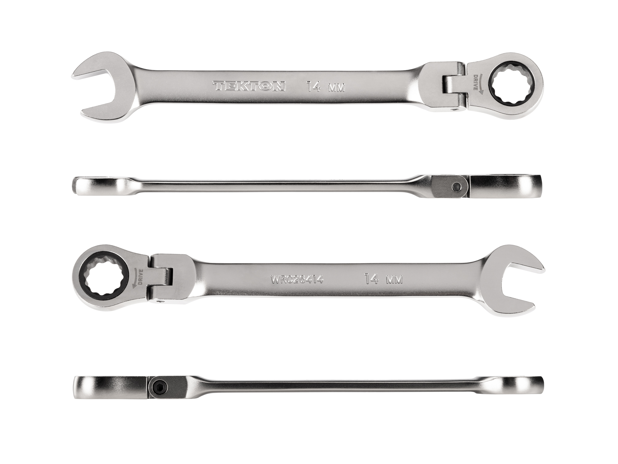 Individual ratcheting wrench. 12-point box end flexes 180 degrees and uses a 72-tooth ratchet gear. Smooth, satin chrome finish. WRC26414.