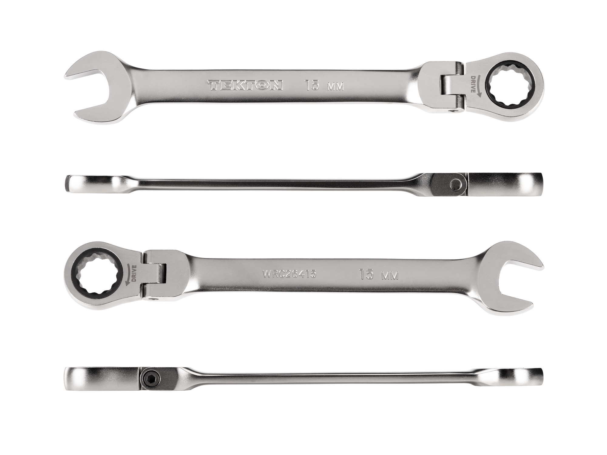 Individual ratcheting wrench. 12-point box end flexes 180 degrees and uses a 72-tooth ratchet gear. Smooth, satin chrome finish. WRC26415.