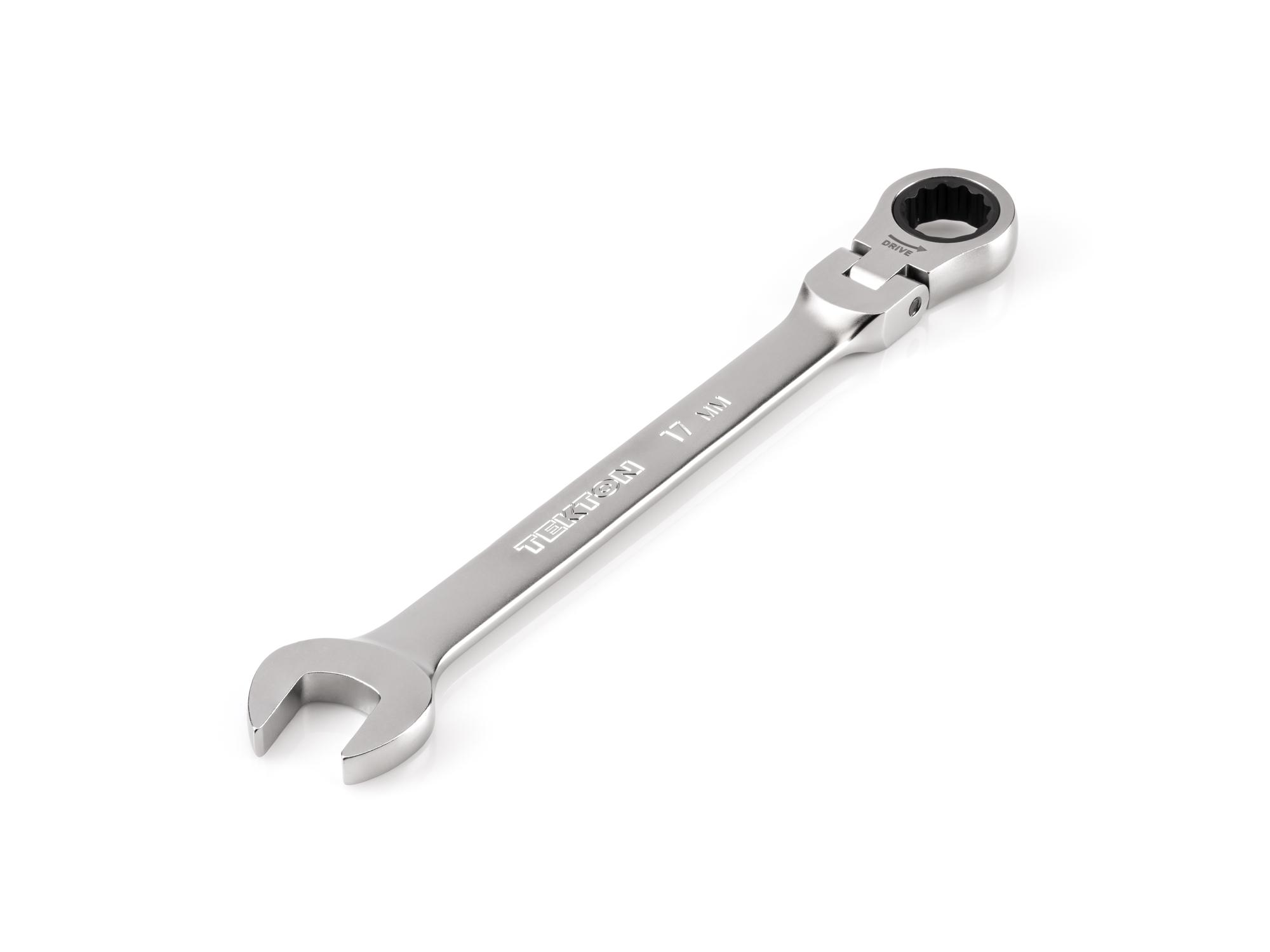 Front-right angle view of Tekton ratcheting combination wrench. Item #WRC26417
