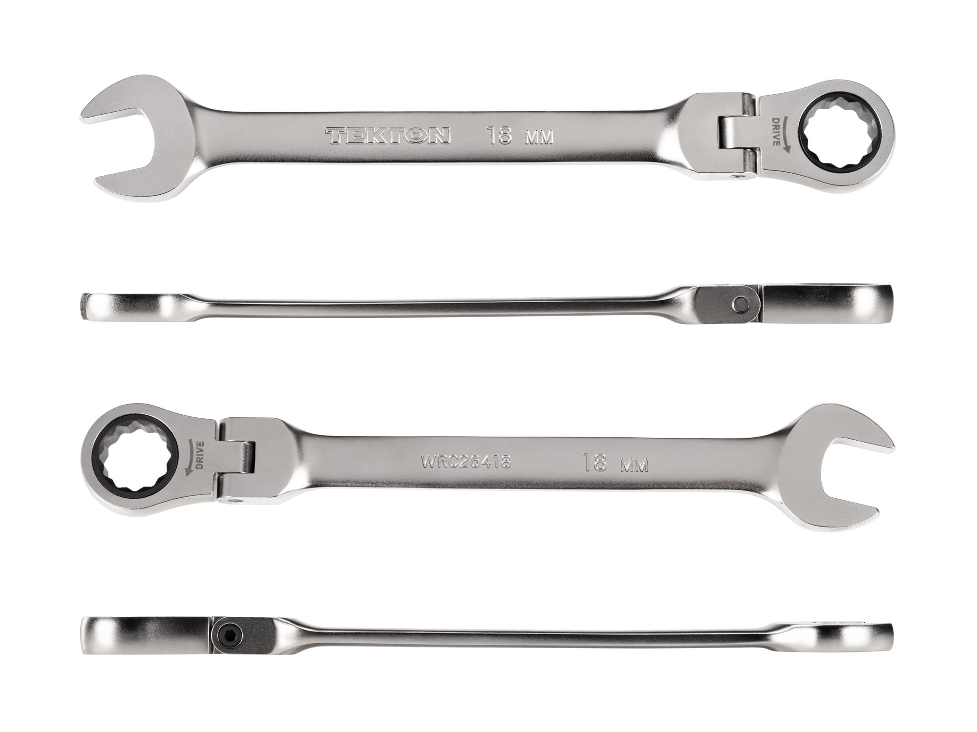 Individual ratcheting wrench. 12-point box end flexes 180 degrees and uses a 72-tooth ratchet gear. Smooth, satin chrome finish. WRC26418.