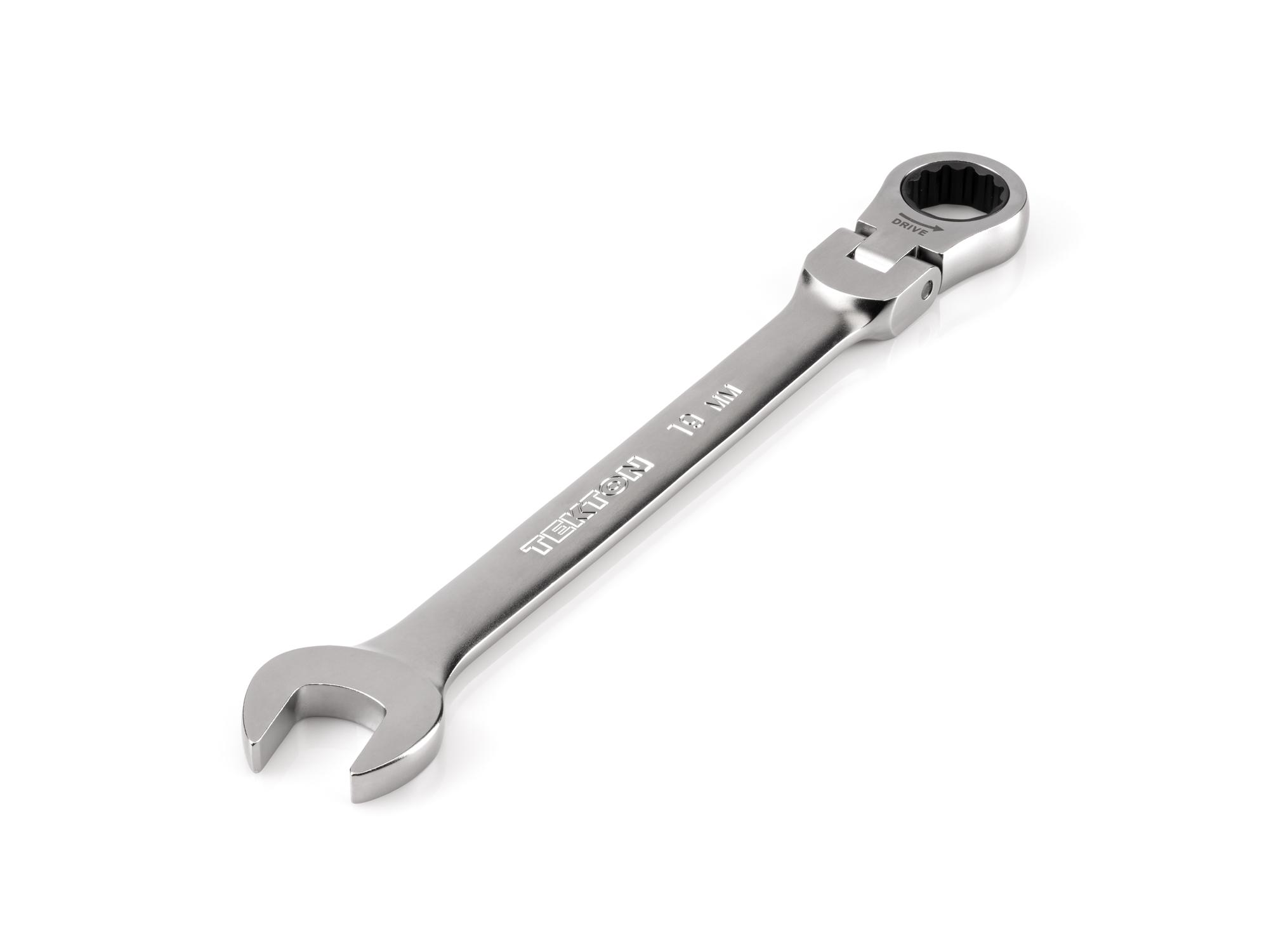 Front-right angle view of Tekton ratcheting combination wrench. Item #WRC26419