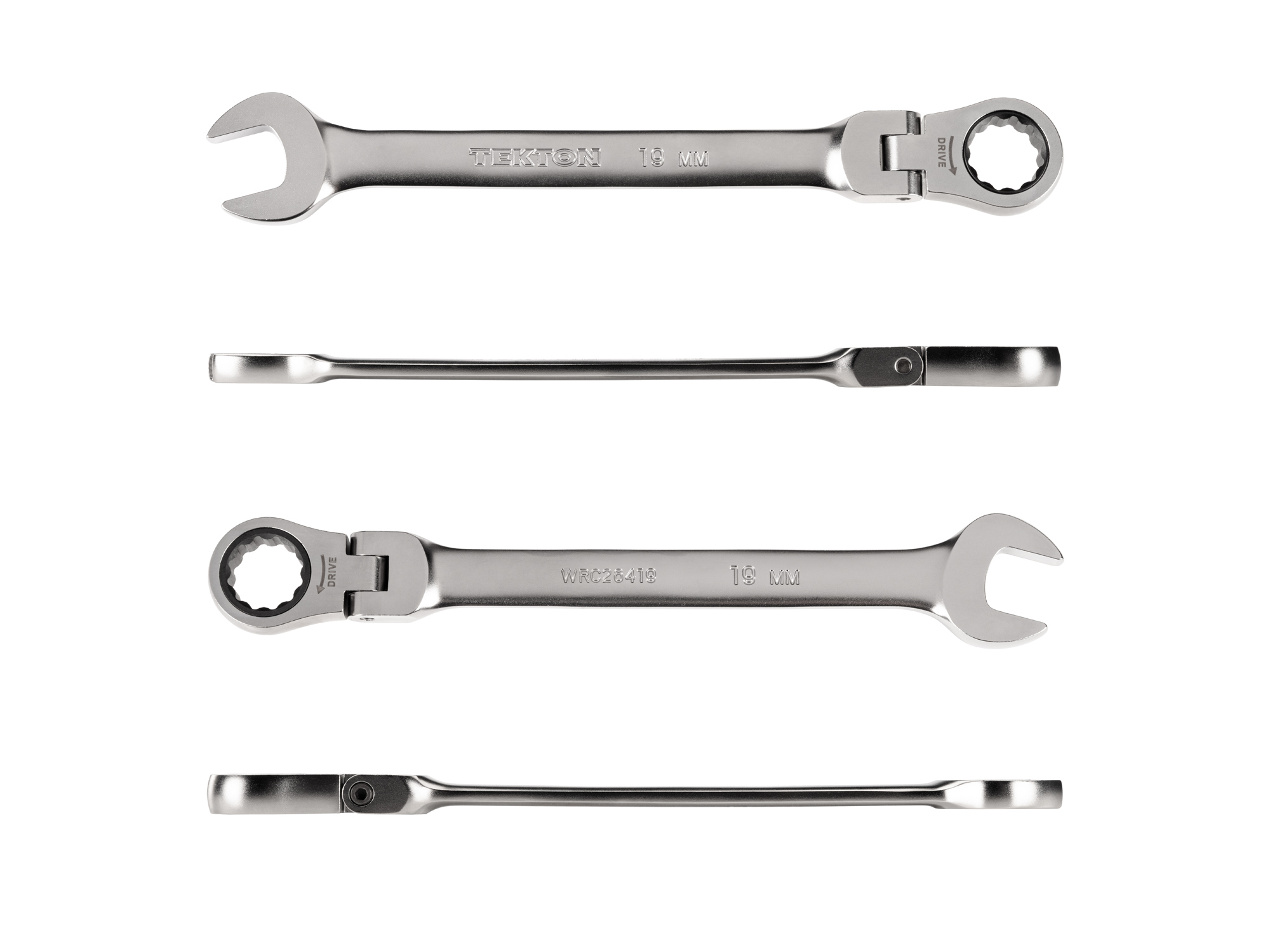 Individual ratcheting wrench. 12-point box end flexes 180 degrees and uses a 72-tooth ratchet gear. Smooth, satin chrome finish. WRC26419.