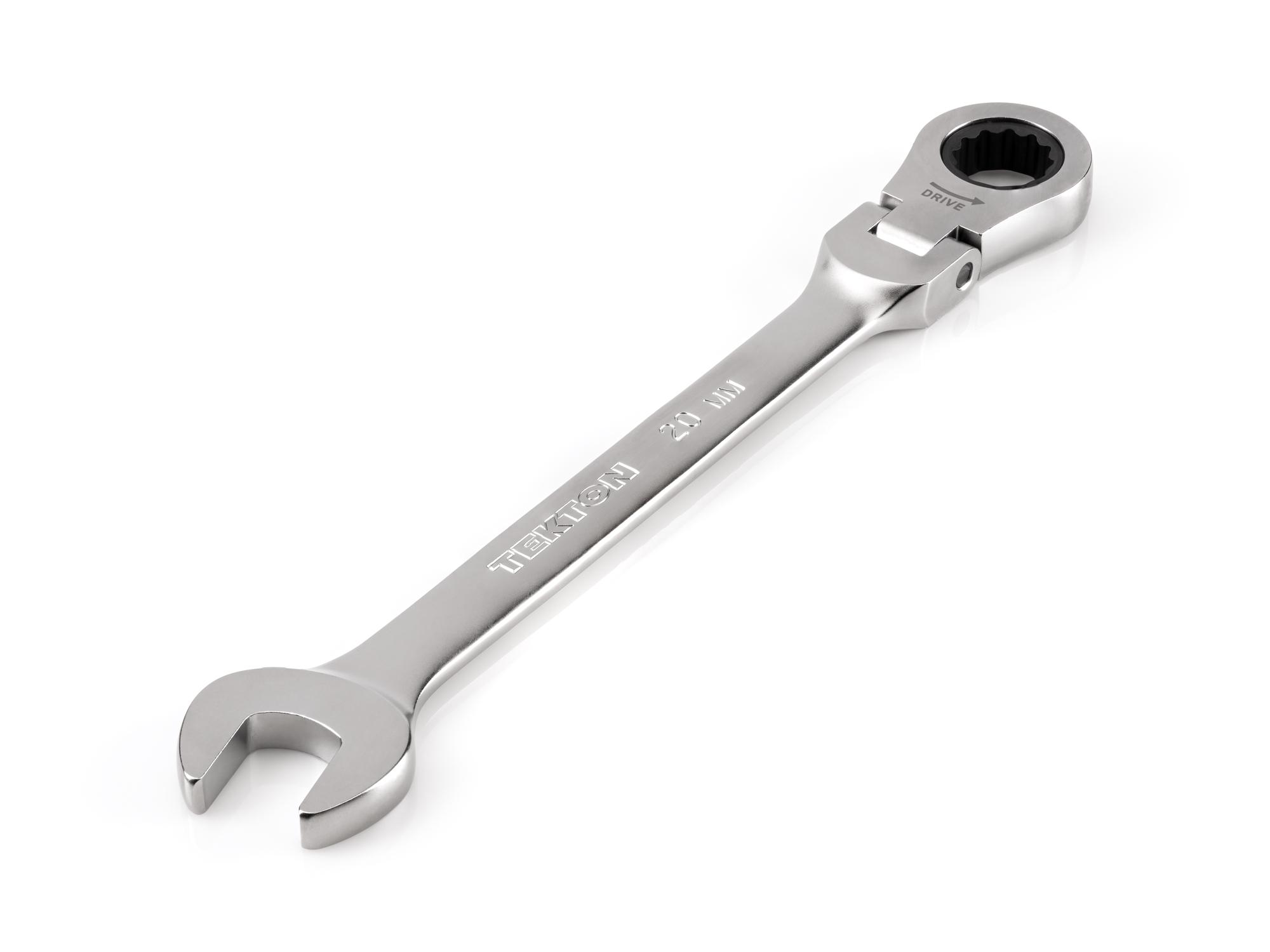 Front-right angle view of Tekton ratcheting combination wrench. Item #WRC26420