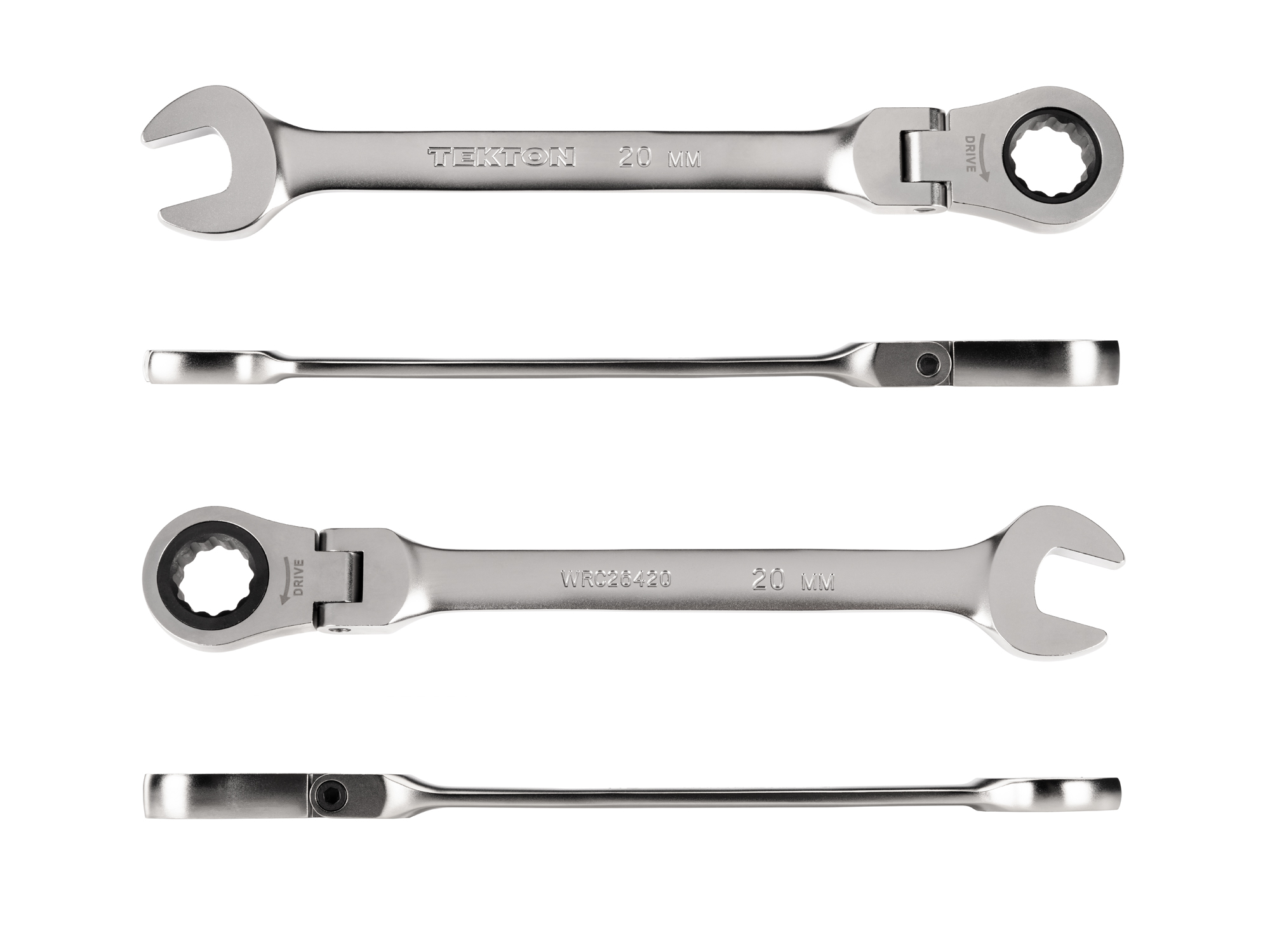 Individual ratcheting wrench. 12-point box end flexes 180 degrees and uses a 72-tooth ratchet gear. Smooth, satin chrome finish. WRC26420.