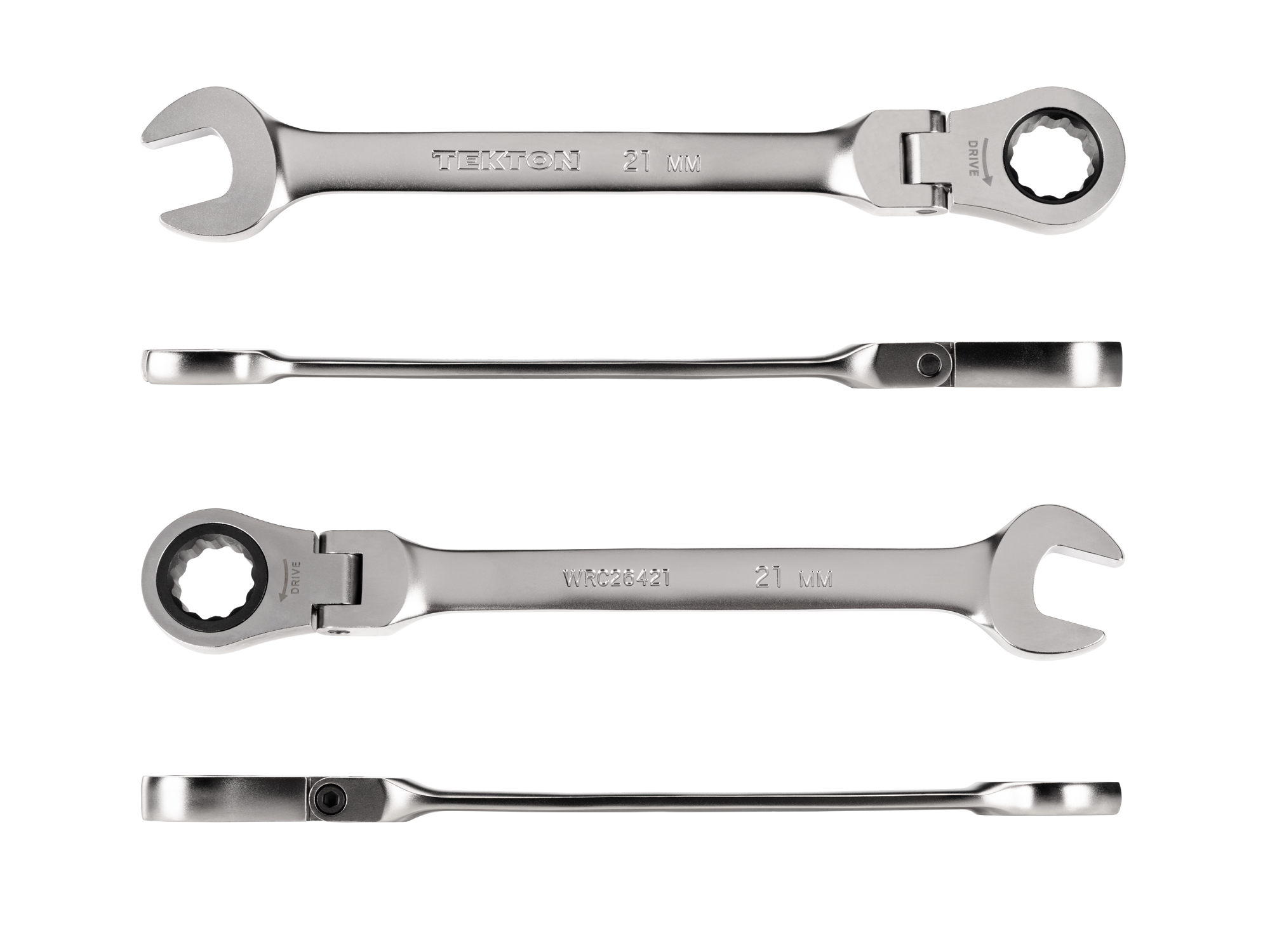 Individual ratcheting wrench. 12-point box end flexes 180 degrees and uses a 72-tooth ratchet gear. Smooth, satin chrome finish. WRC26421.