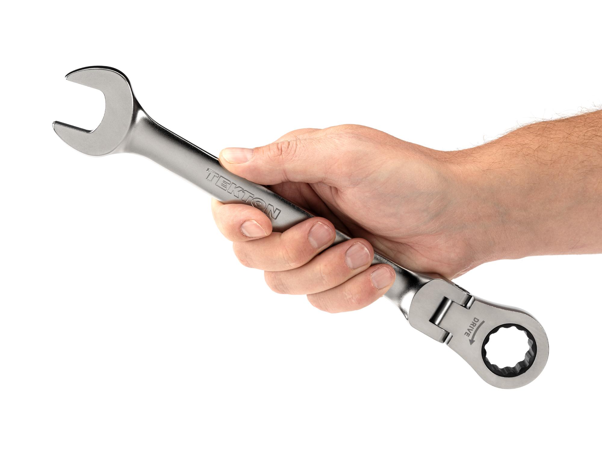Person holding Tekton ratcheting combination wrench. Item #WRC26422
